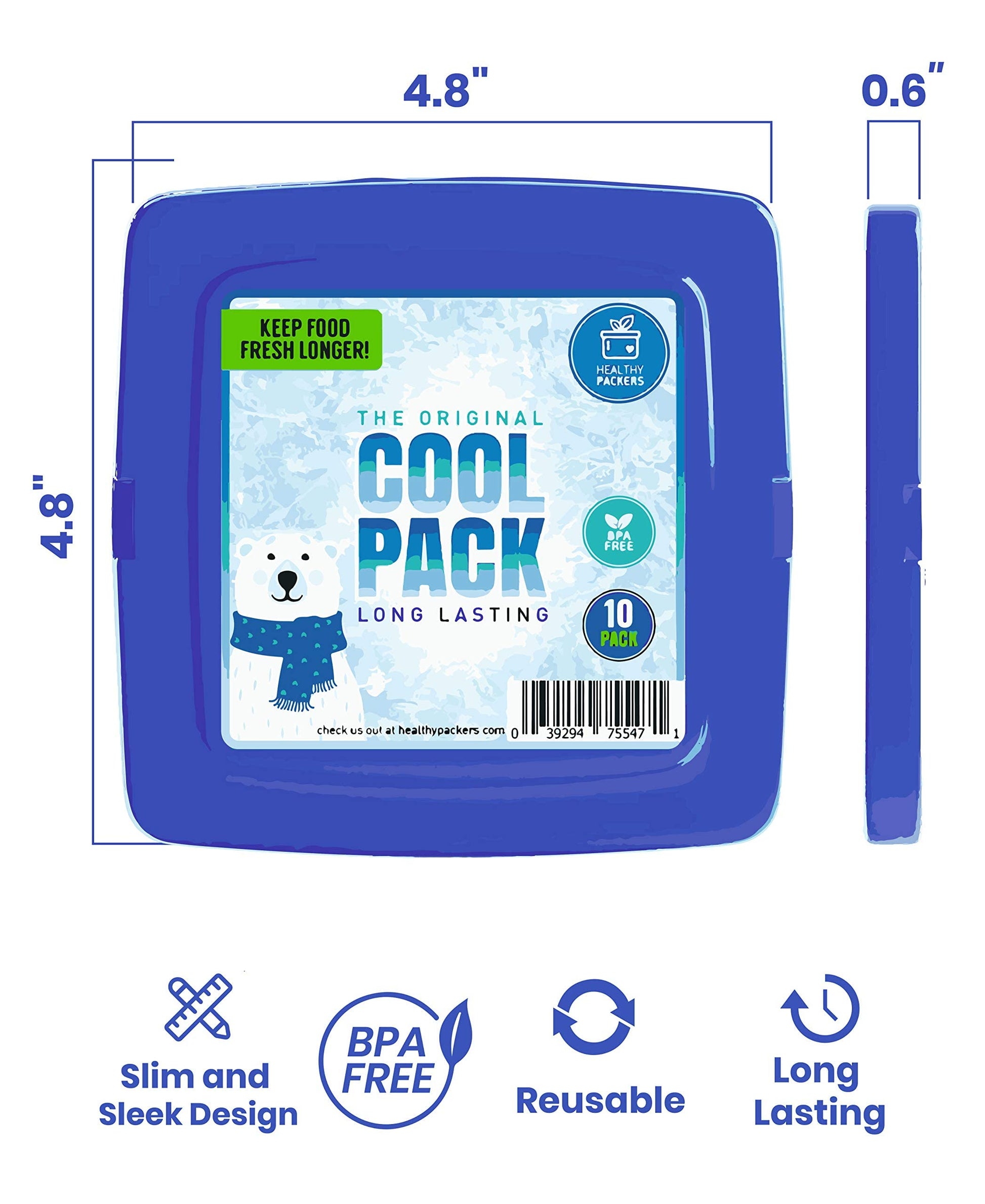 Healthy Packers Ice Packs for Lunch Bags - Freezer Packs - Original Cool Pack | Slim & Long-Lasting Reusable Ice Pack for Lunch Box and Cooler Bag (Set of 10)
