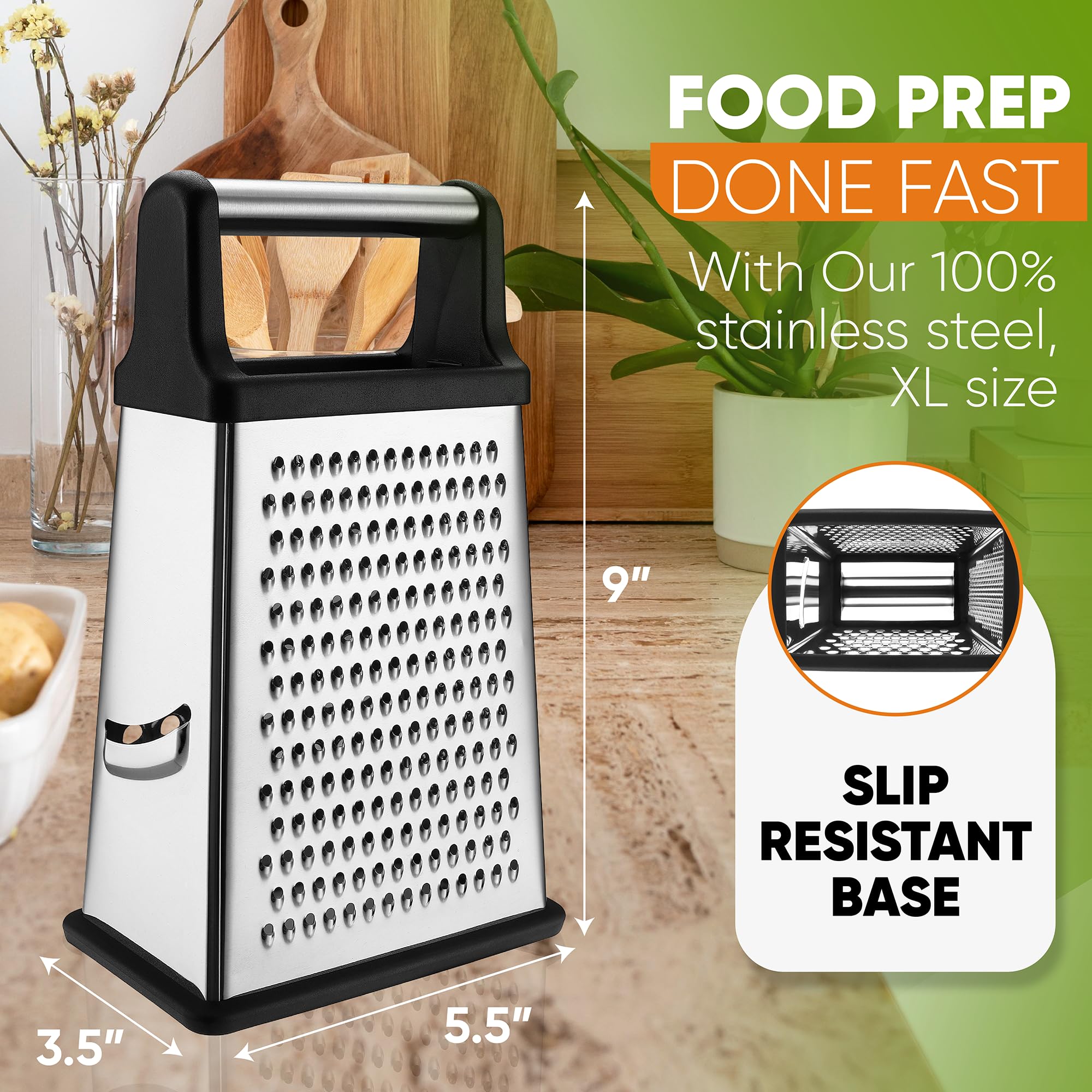 Spring Chef Professional Cheese Grater - Stainless Steel, XL Size, 4 Sides - Perfect Box Grater for Parmesan Cheese, Vegetables, Ginger - Dishwasher Safe - Black