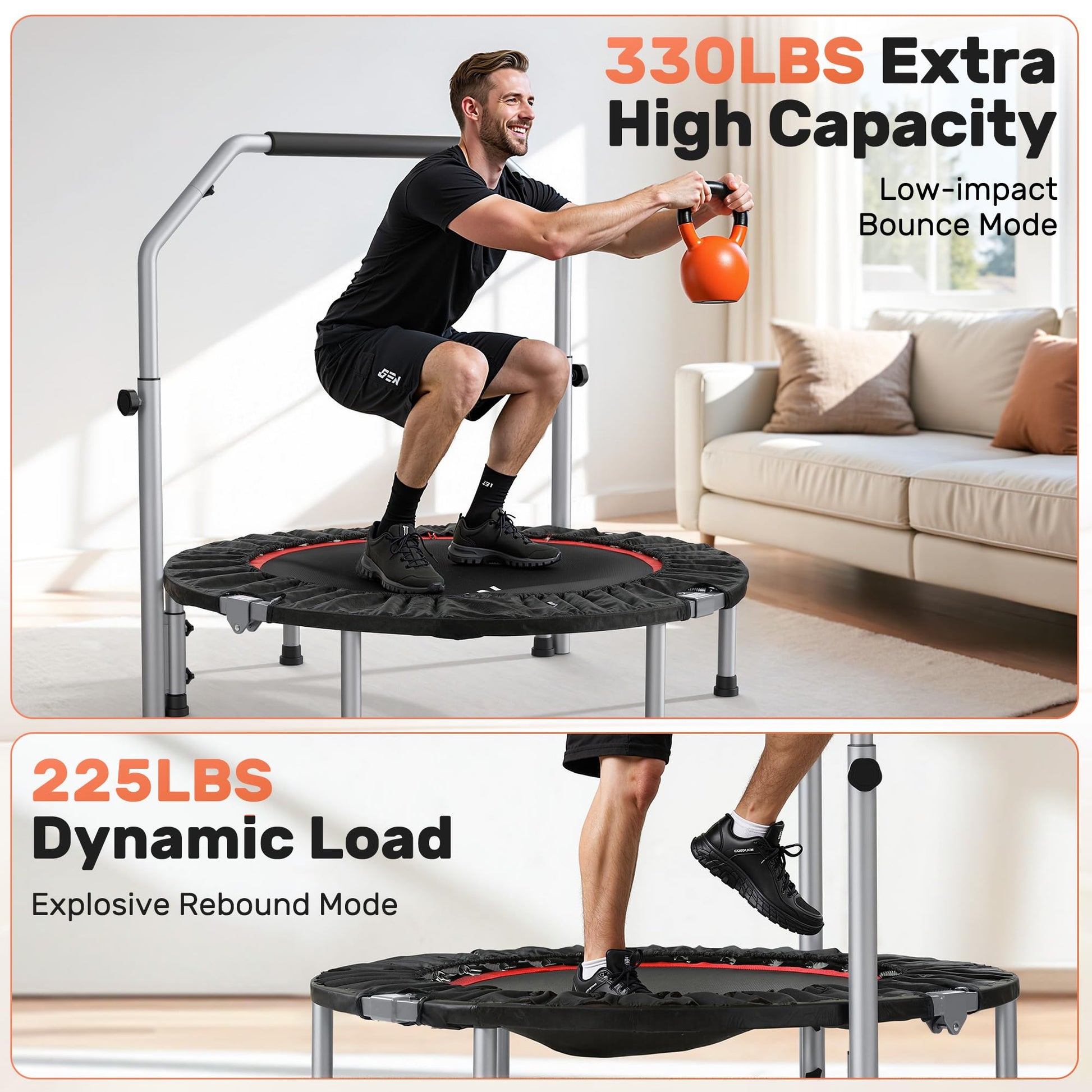 BCAN 40/48" Foldable Mini Trampoline Max Load 330lbs/440lbs, Fitness Rebounder with Adjustable Foam Handle, Exercise Trampoline for Adults Indoor/Garden Workout, Black