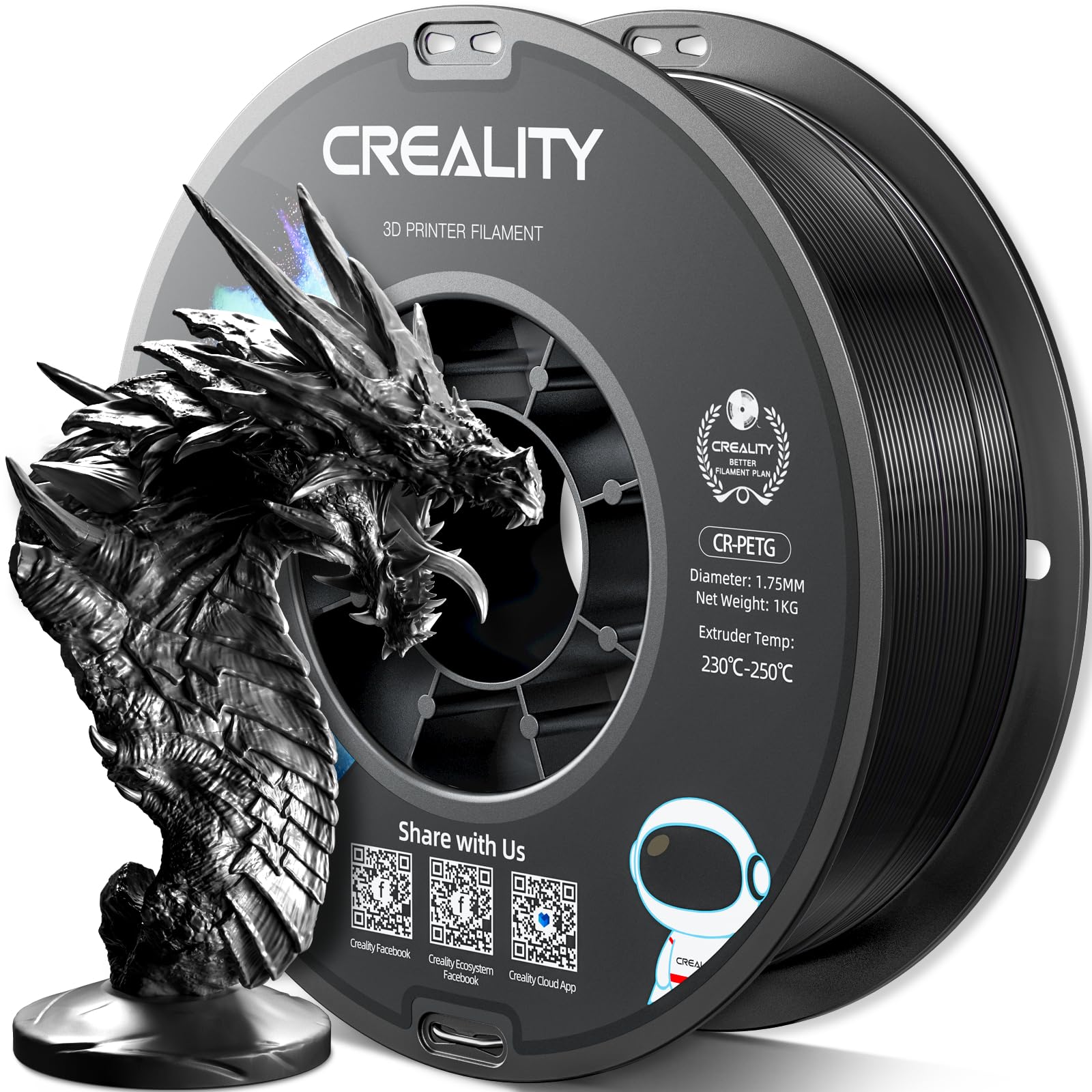 Official Creality PETG 3D Printer Filament 1.75mm 1KG (2.2lbs), High Precision, Strong Toughness, Odorless, Better Flow, Moistureproof 3D Printing CR PETG Filament, Black