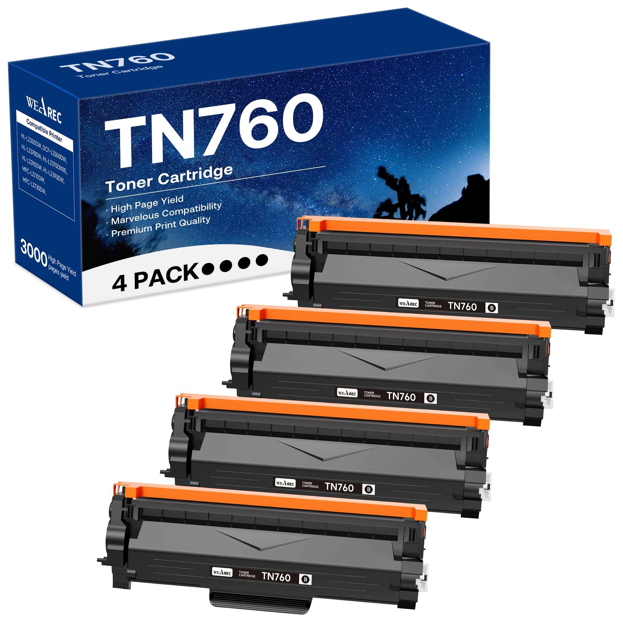 WEAREC Compatible Toner Cartridge Replacement for Brother TN760 TN-760 TN730 with HL-L2350DW HL-L2370DW MFC-L2750DW DCP-L2550DW Printer (Black 4 Pack)