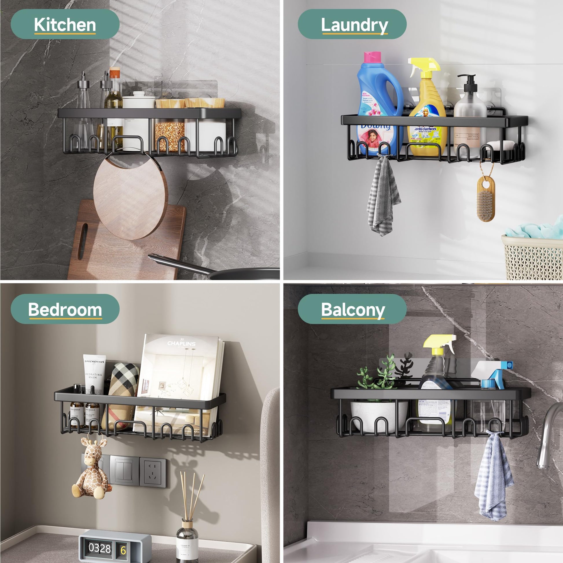 Veken Rustproof & Waterproof Shower Caddy 6-Pack, No Drilling Adhesive Shelves Rack with Soap Holder, Large Capacity Bathroom Organizers and Storage, Wall-Mounted Kitchen & Home Decor