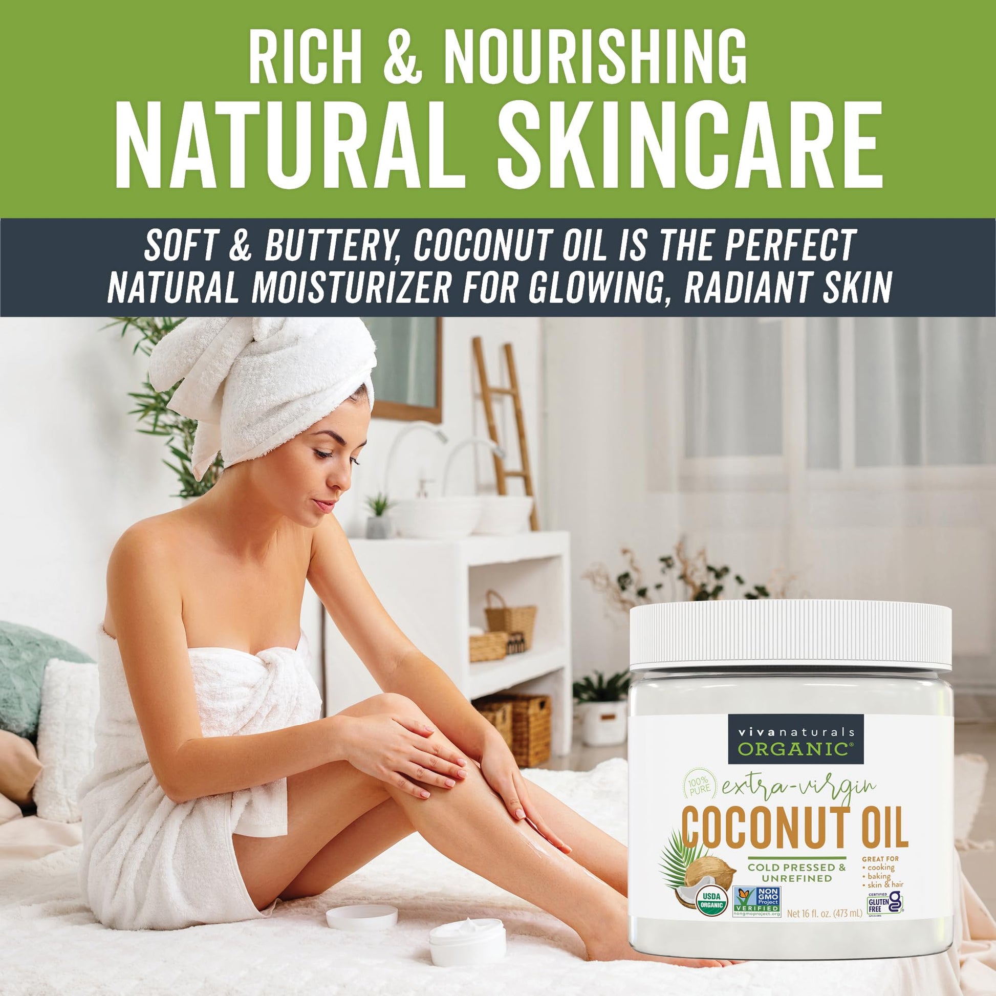 Viva Naturals Organic Coconut Oil - Unrefined, Cold-Pressed Extra Virgin Coconut Oil, USDA Organic and Non-GMO Cooking Oil, Great as Hair Oil and Skin Oil, 16 Fl Oz