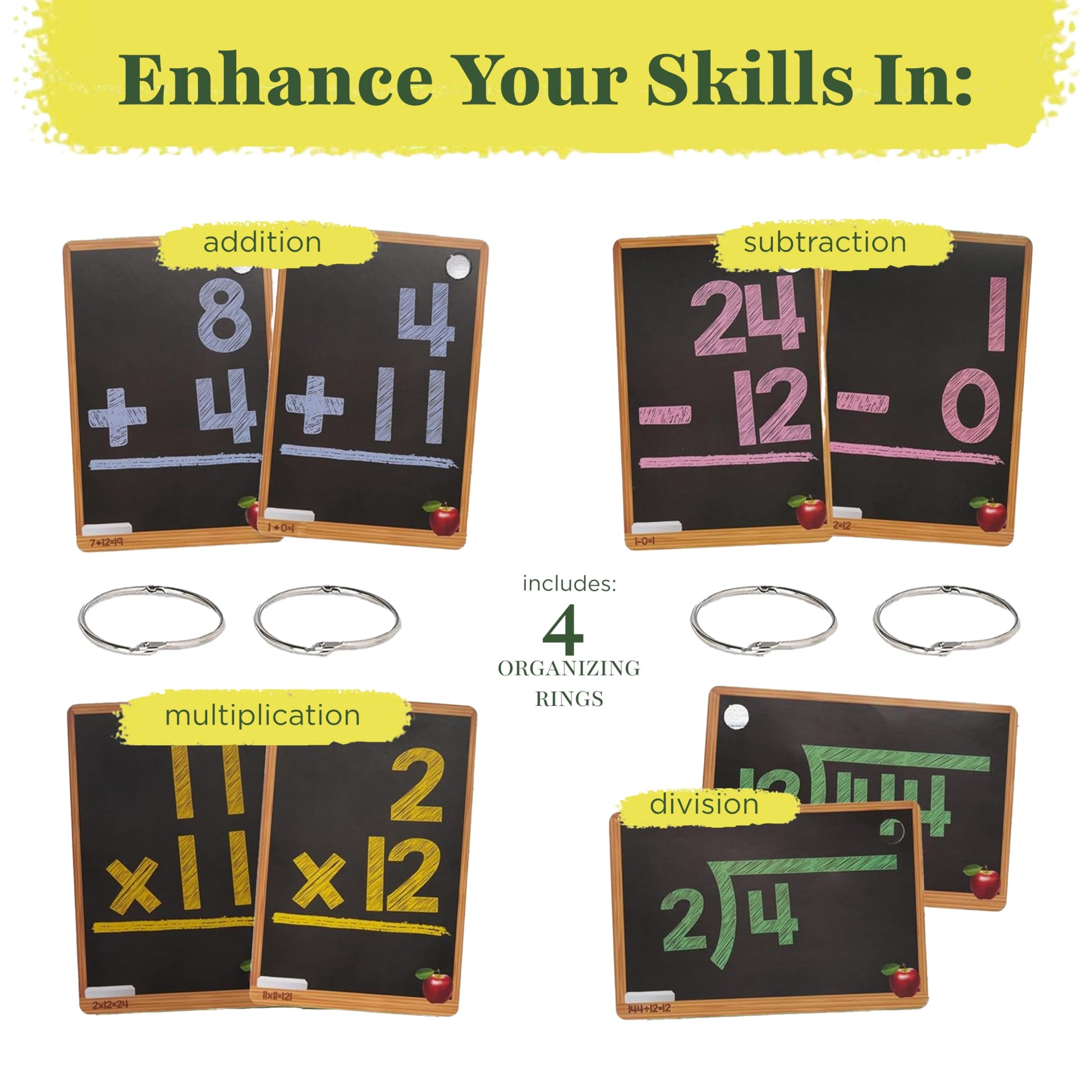 Star Right Math Flash Cards Set of 4 - Addition, Subtraction, Multiplication, Division with 4 Rings - 208 Cards for Kids Ages 6 and Above - Flash Card from 1st to 4th Grade