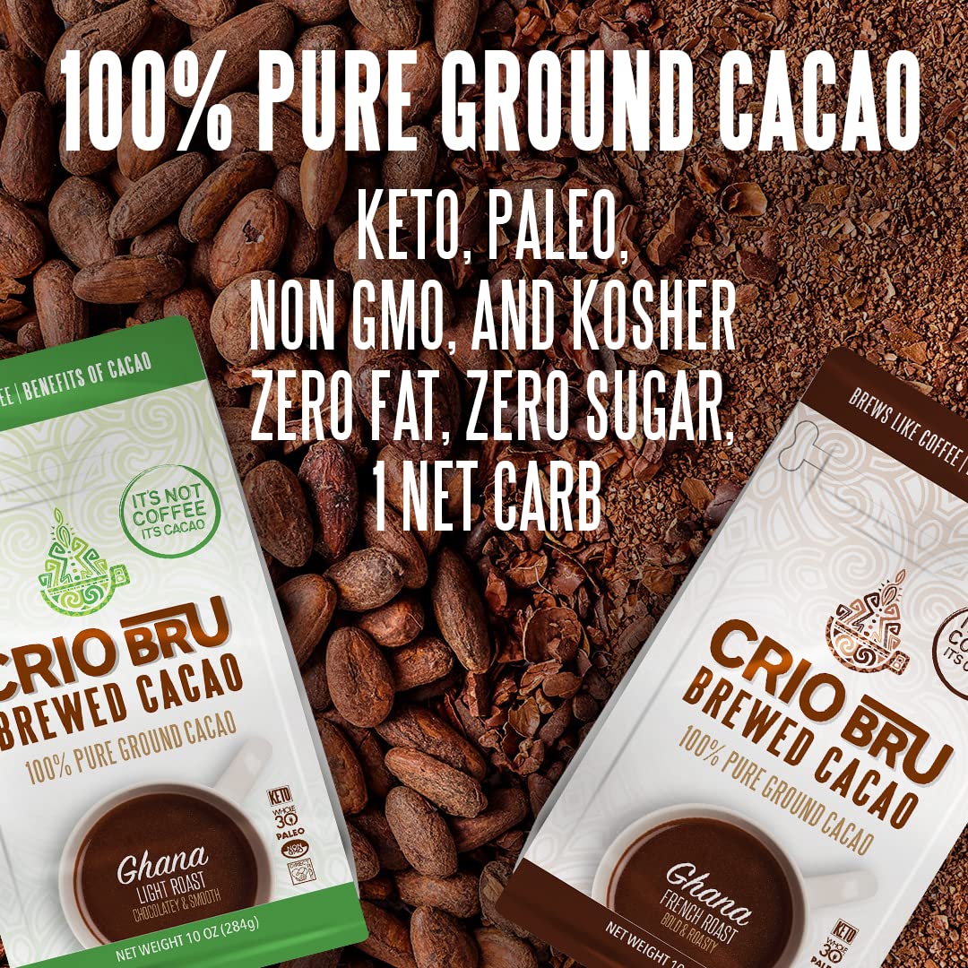 Crio Bru Brewed Cacao Nicaragua Medium Roast - Coffee Alternative Natural Healthy Drink | 100% Pure Ground Cacao Beans | 99.99% Caffeine Free, Keto, Low Carb, Paleo, Non-GMO, Organic (10ozFBM)