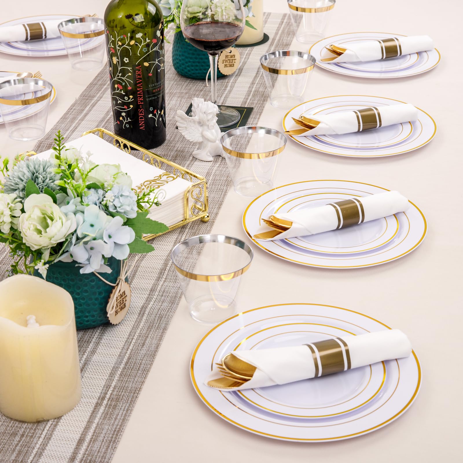 WDF Partyware 350Piece Gold Dinnerware Set for 50 Guests - Gold Plastic Plates with Disposable Cutlery Include:50Dinner Plates-50Dessert Plates-50Pre Rolled Napkins with Silverware for Thanksgiving