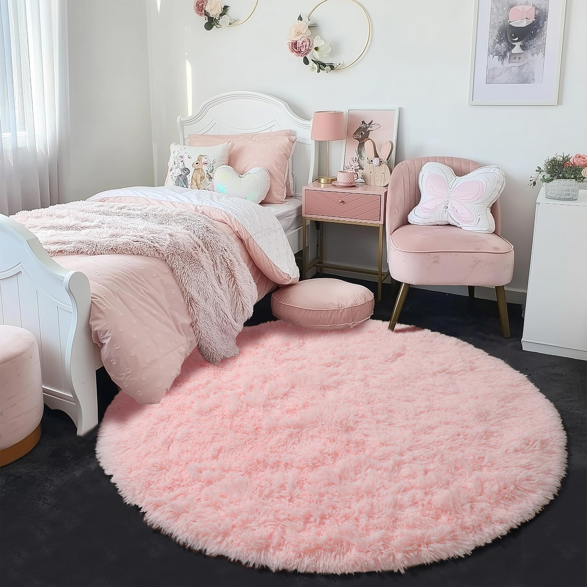 Amdrebio Light Pink Round Rug 4Ft for Girls Bedroom, Fluffy Circle Area Rugs for Kids Room Decor Aesthetic, Cute Shag Fuzzy Carpet for Nursery, Preppy Dorm, Classroom, Playroom, Teen, Baby, Washable