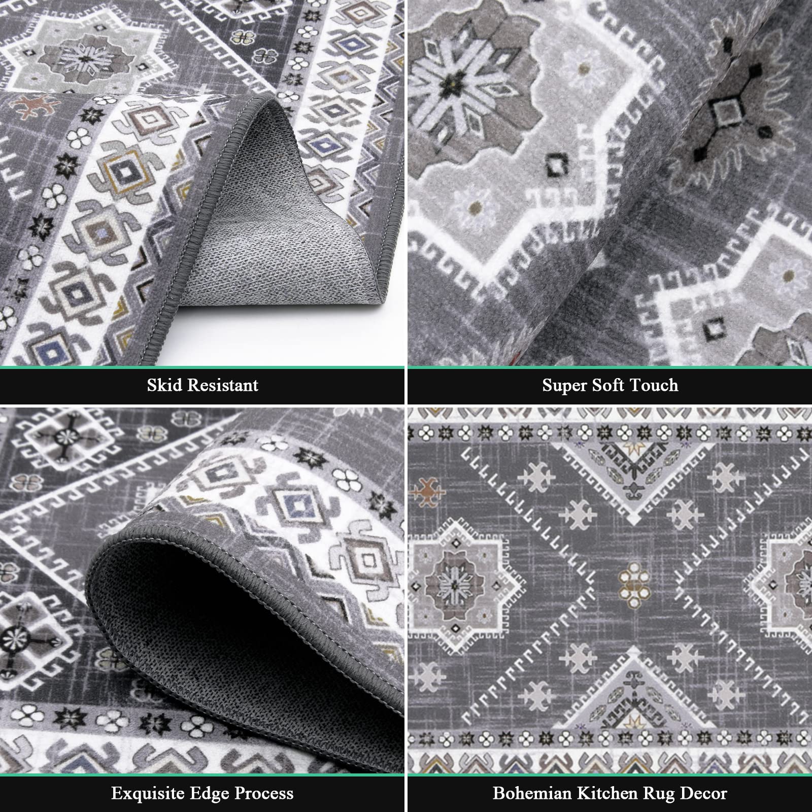 HEBE Boho Kitchen Rug Sets 3 Piece with Runner Non Slip Kitchen Rugs and Mats Washable Kitchen Mats for Floor Thick Kitchen Floor Mat Carpet Runner Rugs for Hallway Laundry Holiday Decor