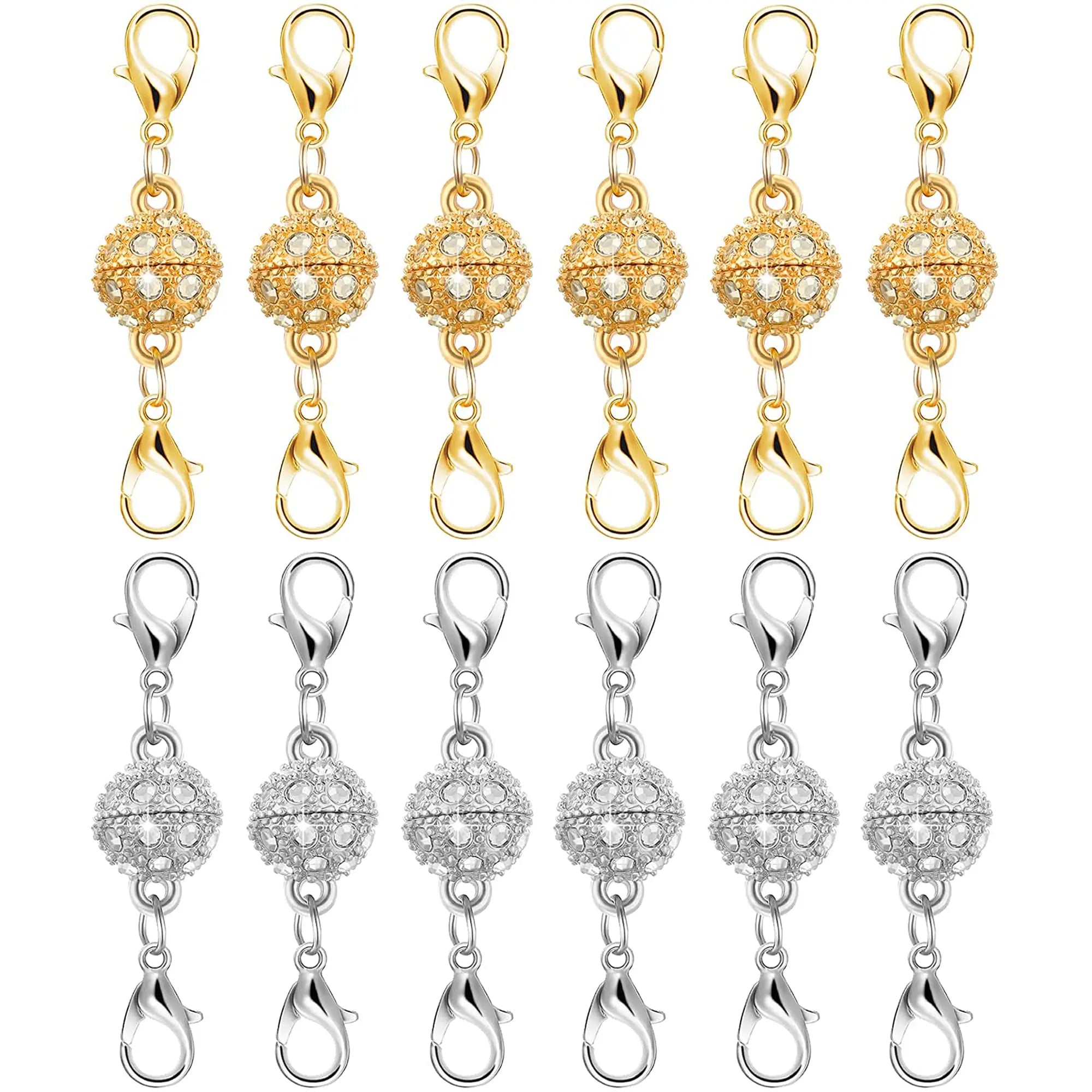 Magnetic Necklace Clasps and Closures with Lobster Clasp, 14K Gold & Silver Magnetic Jewelry Extender for Necklaces & Bracelets, Easy-to-Use for Jewelry Closures (12Pcs | Ball)