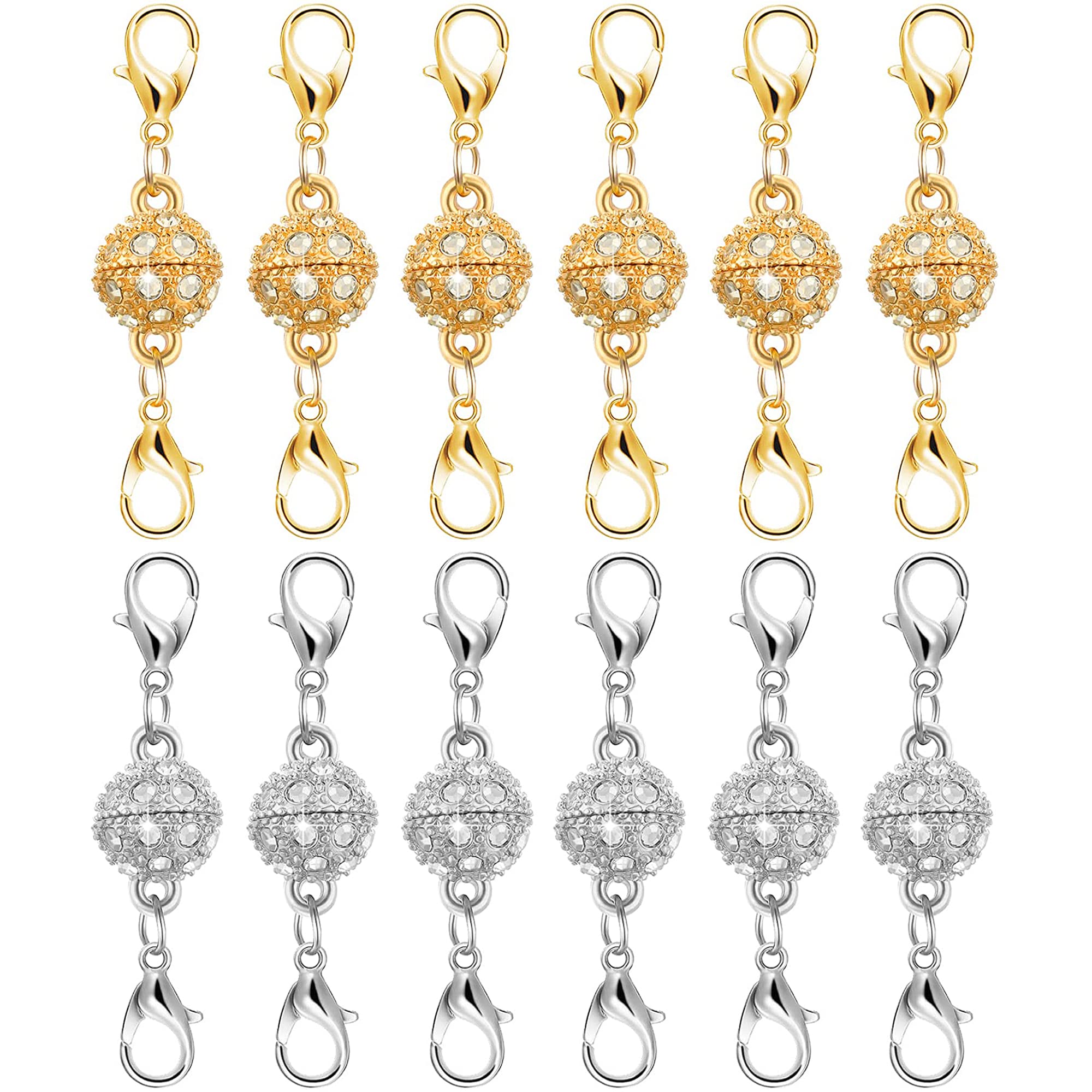 Magnetic Necklace Clasps and Closures with Lobster Clasp, 14K Gold & Silver Magnetic Jewelry Extender for Necklaces & Bracelets, Easy-to-Use for Jewelry Closures (12Pcs | Ball)