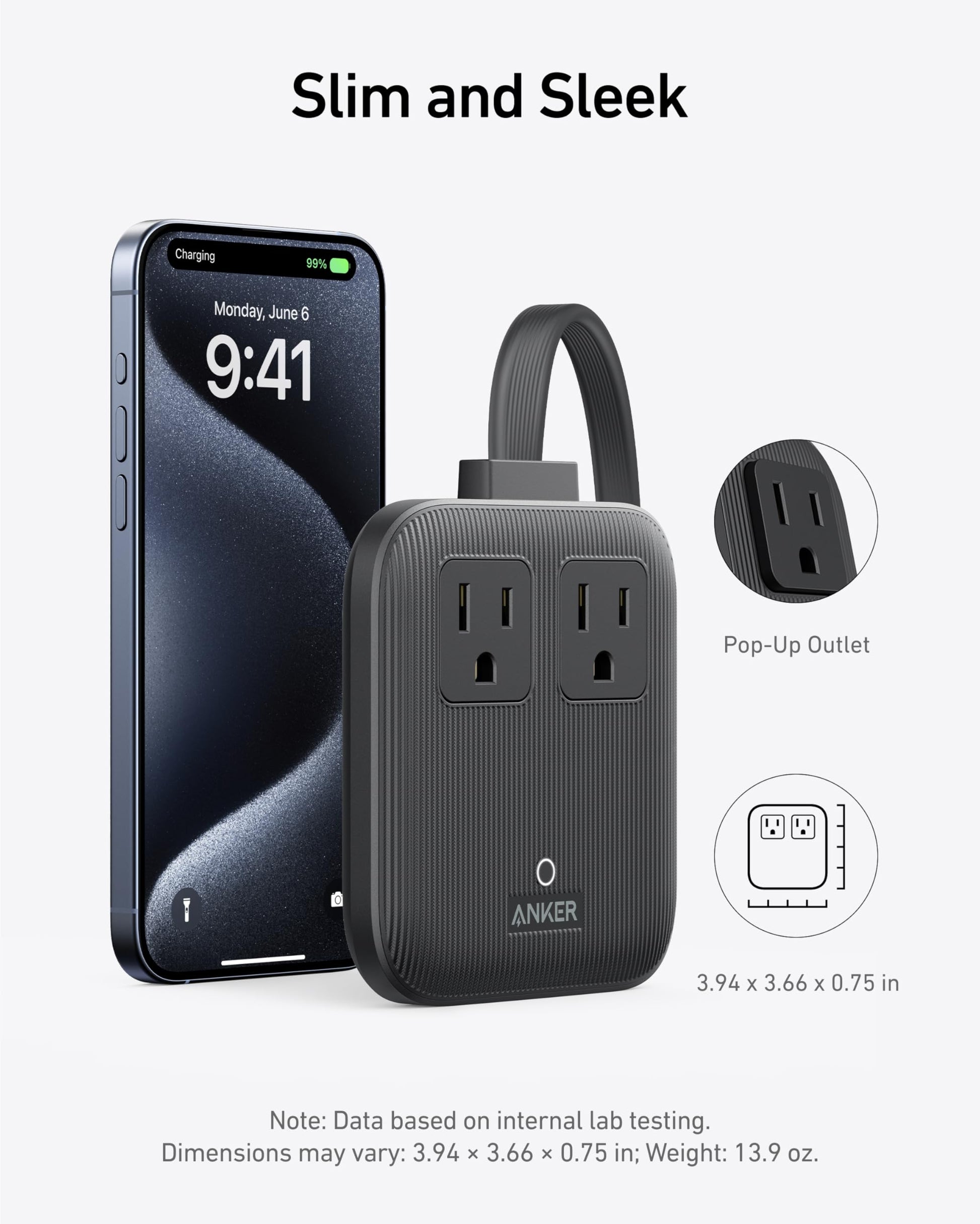 Anker Nano Charging Station(67W Max), 6-in-1 USB-C Power Strip for iPhone 16/15 and MacBook, with Flat Plug and 5ft Thin Undetachable Extension Cord,2 AC,2 USB-A,2 USB-C, for Home&Office
