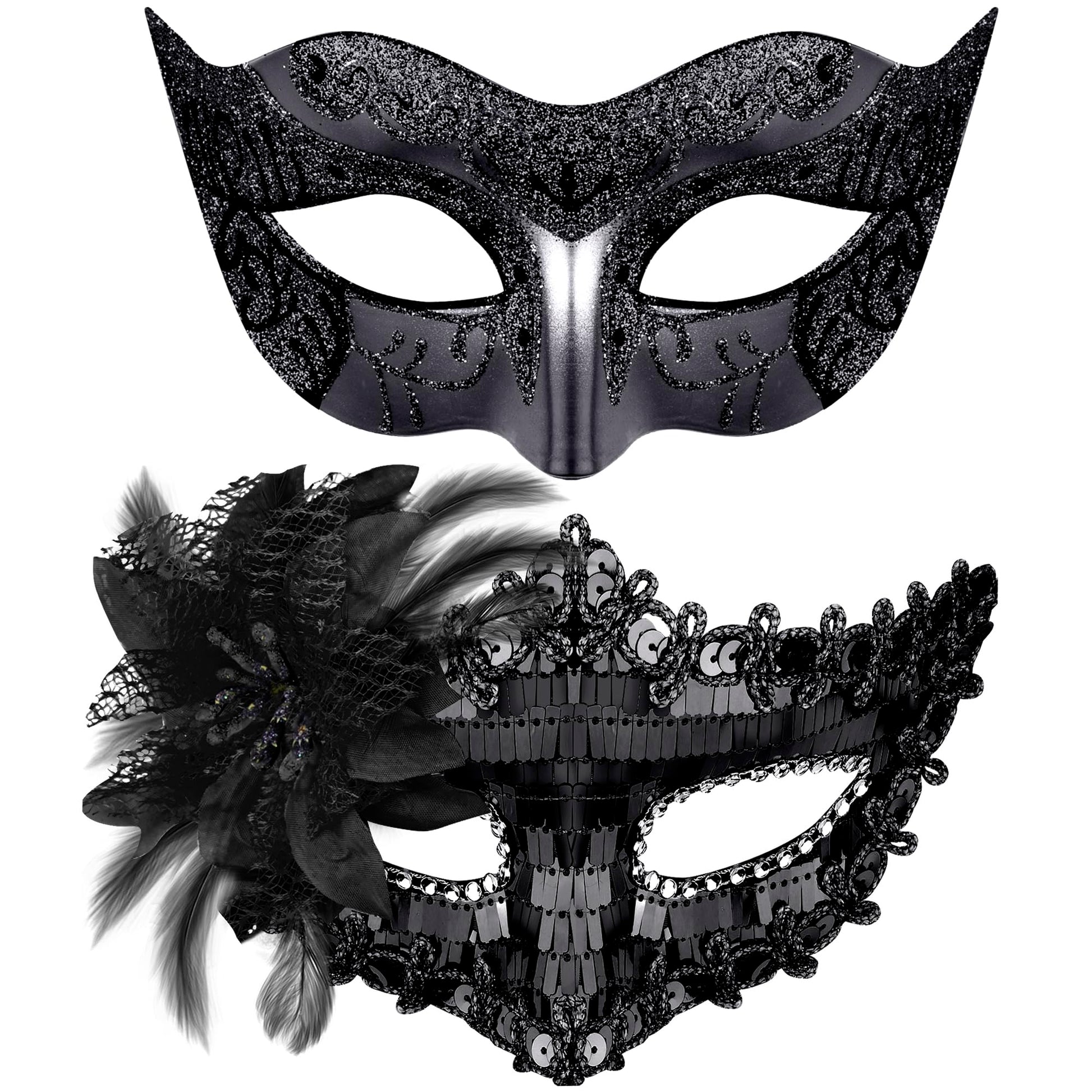 SIQUK Couple Masquerade Masks Sequins Venetian Party Plastic Halloween Costume Rhinestone Mardi Gras Mask for Women and Men, Black