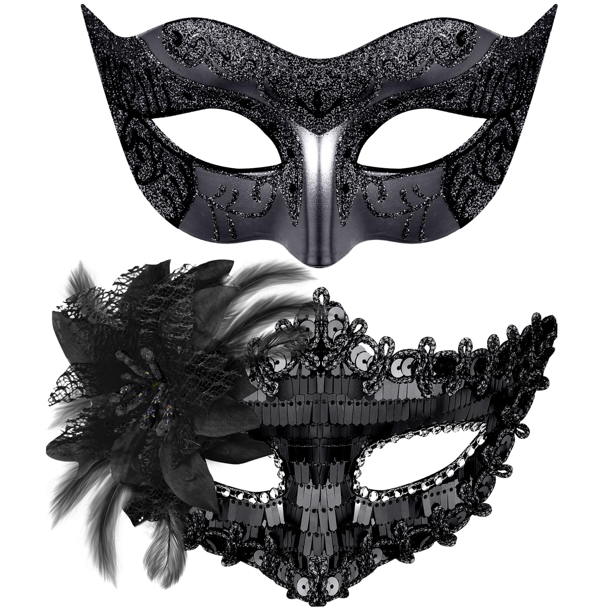 SIQUK Couple Masquerade Masks Sequins Venetian Party Plastic Halloween Costume Rhinestone Mardi Gras Mask for Women and Men, Black