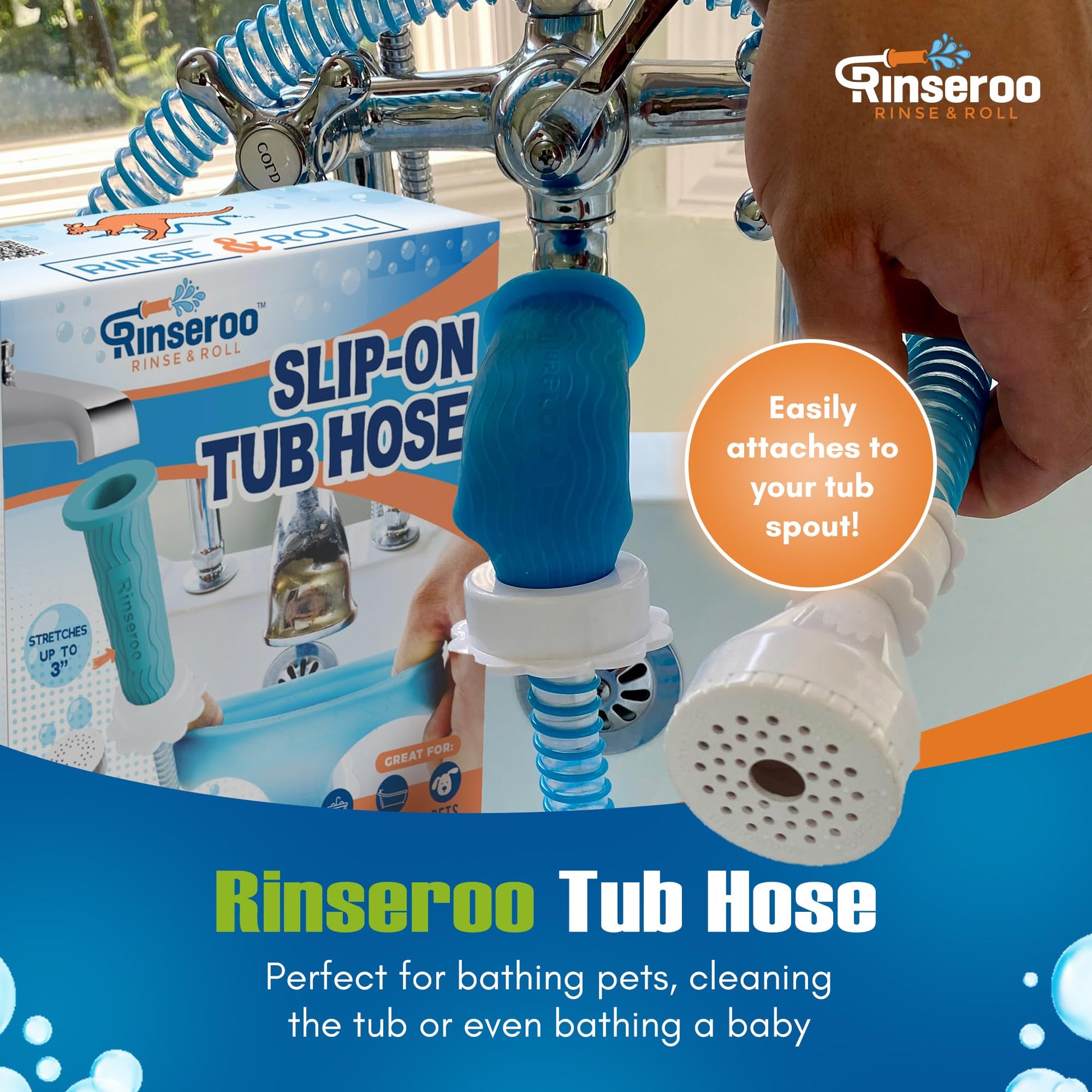 Rinseroo: Slip-On Tub Hose – As Seen on Shark Tank – 5ft Flex Bathtub Faucet Sprayer – Easy Rinse for Pets, Hair & Cleaning – No Installation Needed – Fits Faucets Up to 3” Wide – Mess-Free & Portable