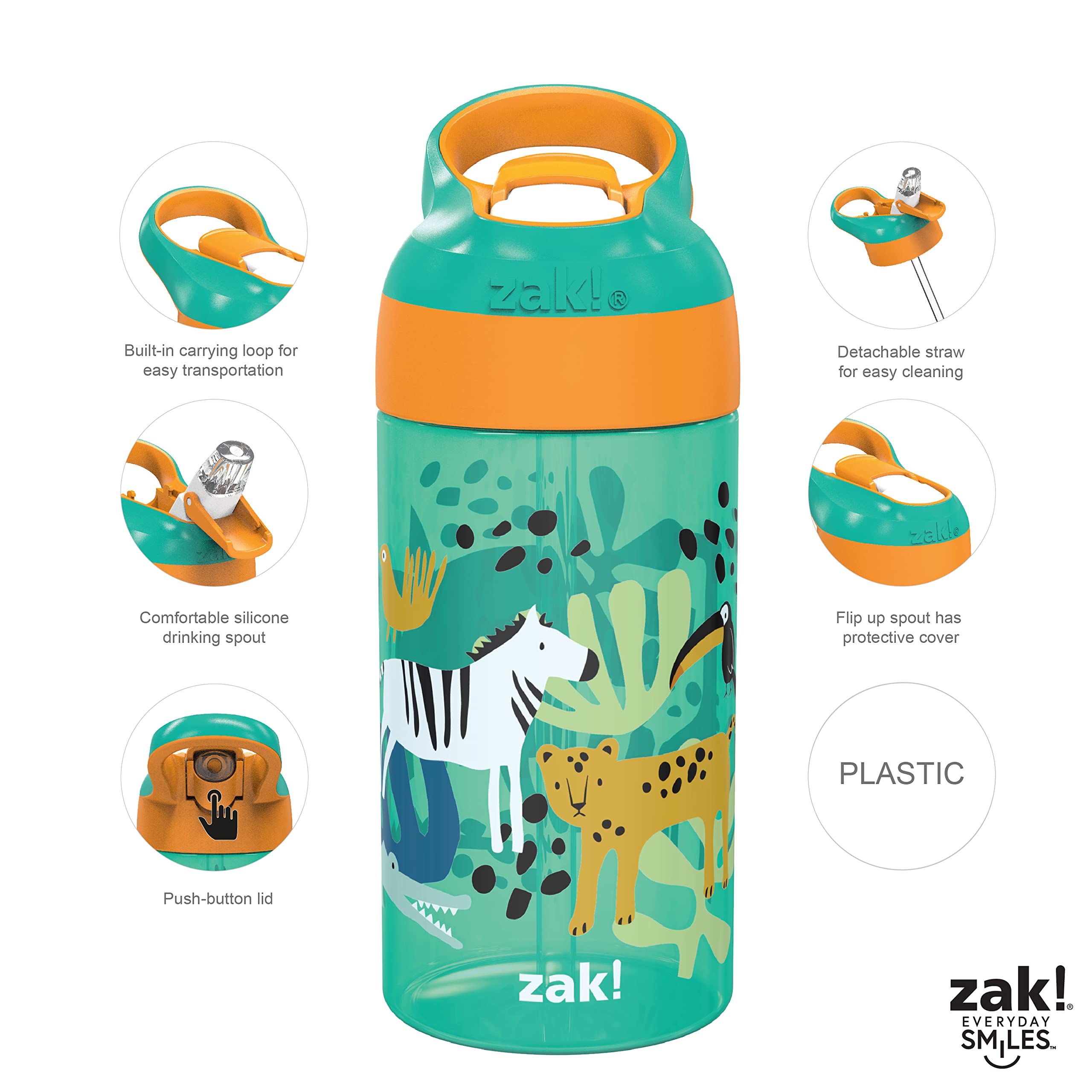 Zak Designs 16oz Riverside Kids Water Bottle with Spout Cover and Built-in Carrying Loop, Made of Durable Plastic, Leak-Proof Design for Travel (Unicorn & Shells, Pack of 2)