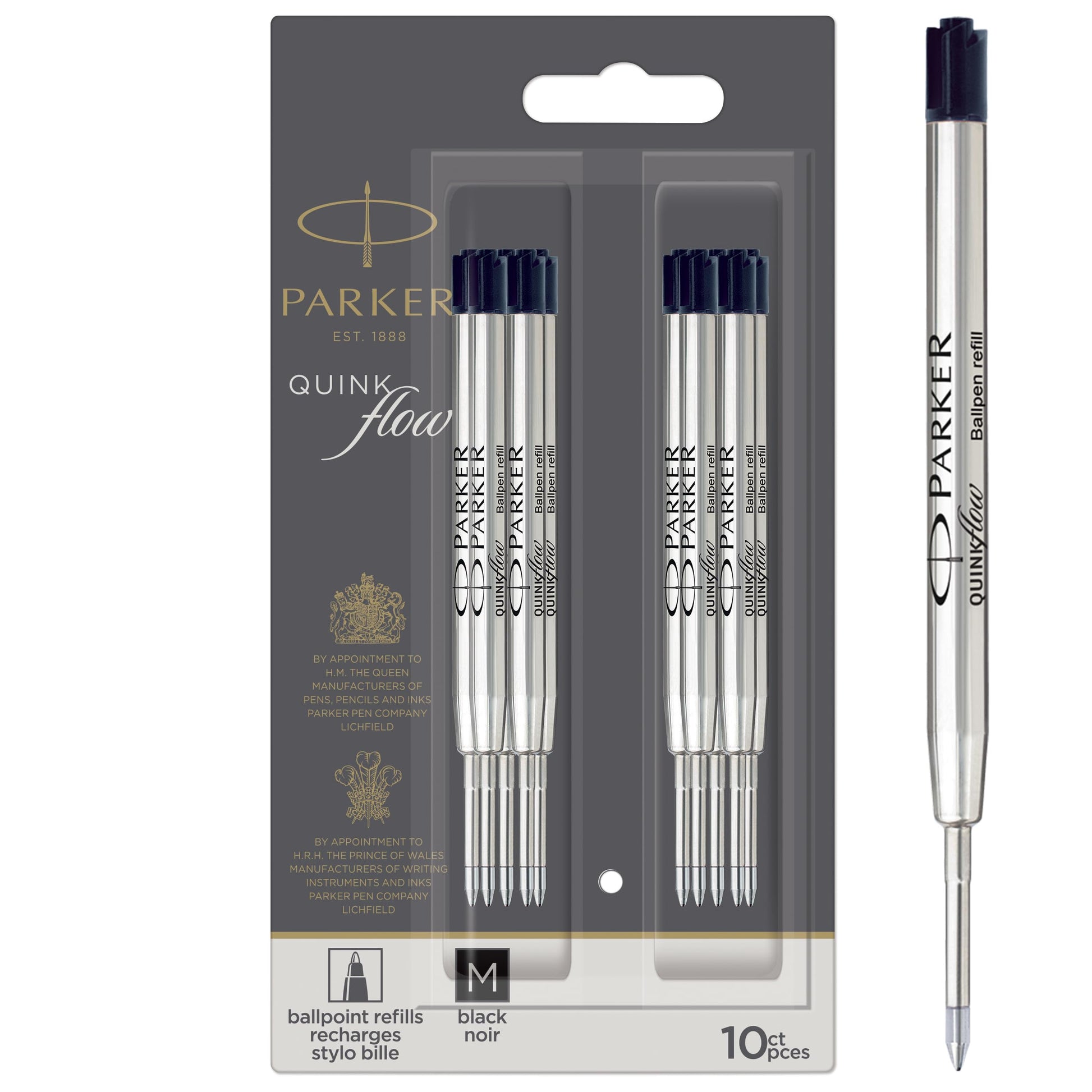 Parker Quinkflow Authentic Black Ink Refills Medium Point for Ballpoint Pens 10 Count