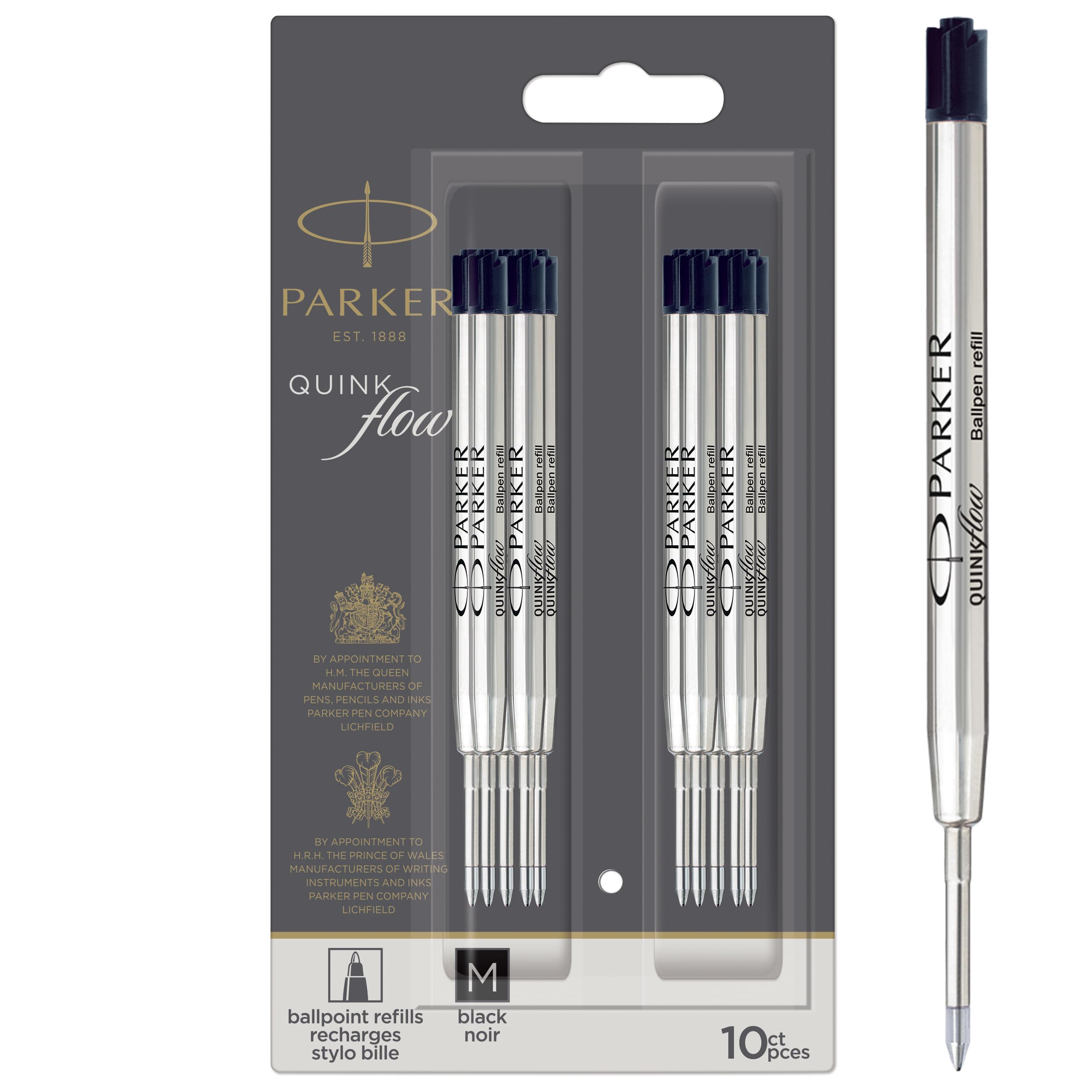 Parker Quinkflow Authentic Black Ink Refills Medium Point for Ballpoint Pens 10 Count