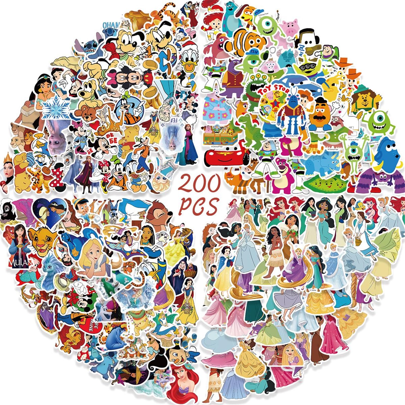 200Pcs Kids Disney Stickers Pack Princess Stickers Cute Cartoon Characters Stickers Movie Decal Childrens Decorative Sticker for Kids Teens Adults Waterproof Stickers for Water Bottle Laptop Luggage