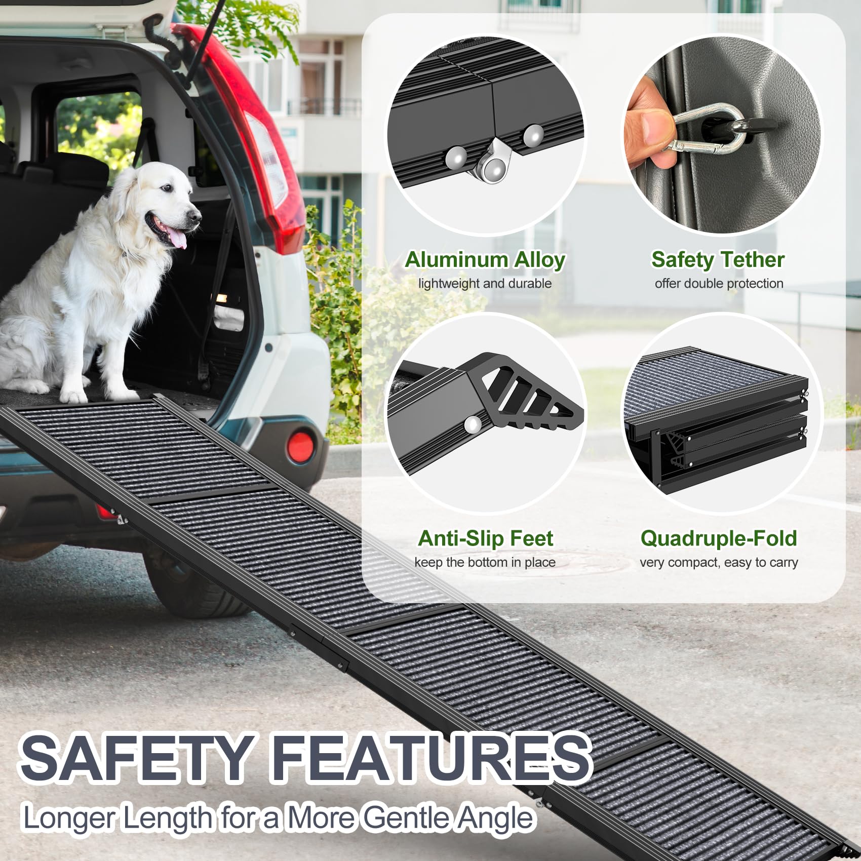 HerCcreta wigge Dog Ramp for Car 63" Long & 17" Wide Portable Dog Ramps for Large Dogs with Non-Slip Rug Surface Dog Car Ramp for SUV Car & Truck, Folding Dog Ramp Up to 250LBS