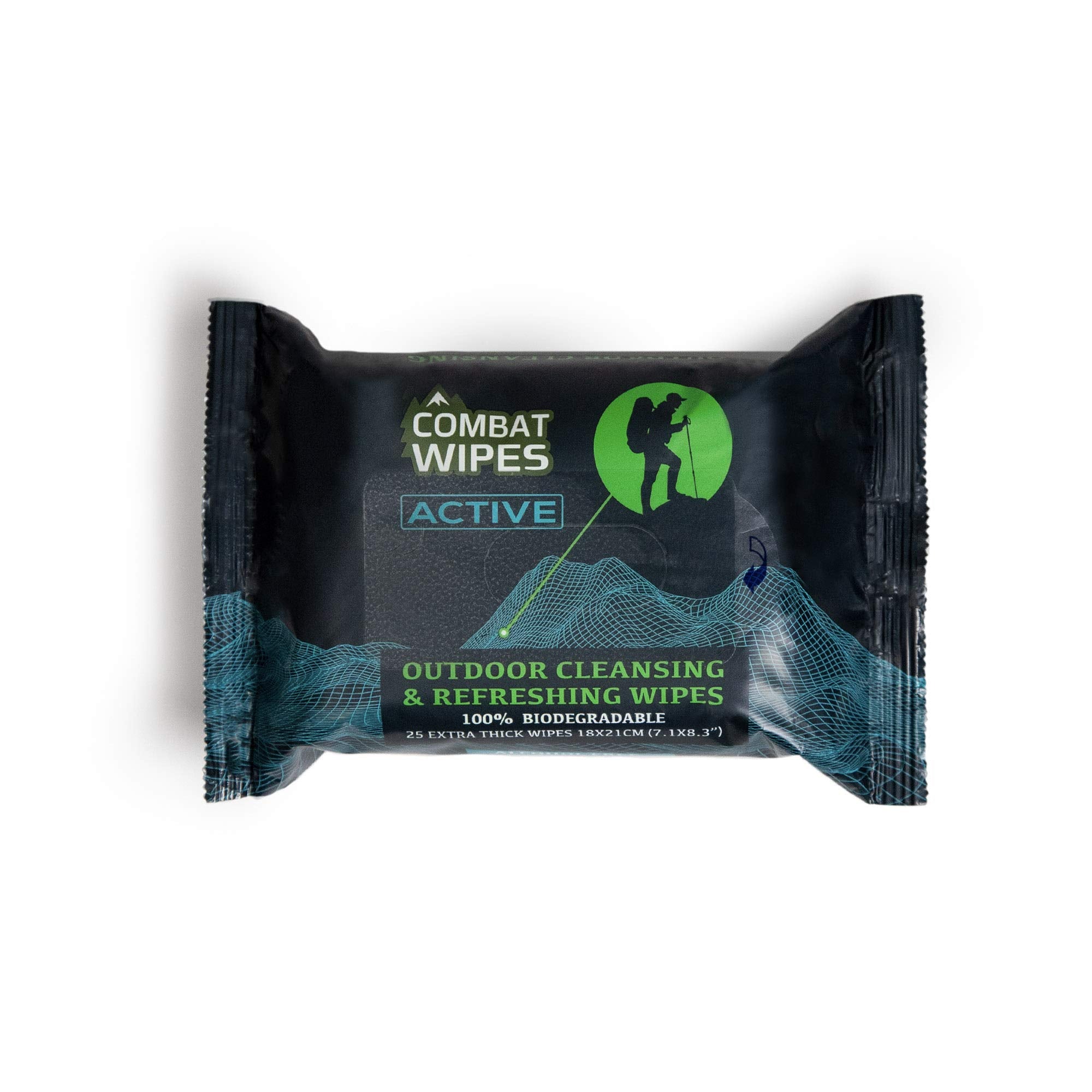 Combat Wipes ACTIVE Outdoor Feuchttücher – extra dicke Campingausrüstung, biologisch abbaubar, Körper- & Handreinigungs-/Erfrischungstücher für Rucksackreisen & Fitnessstudio mit natürlicher Aloe & Vitamin E (25 Tücher)