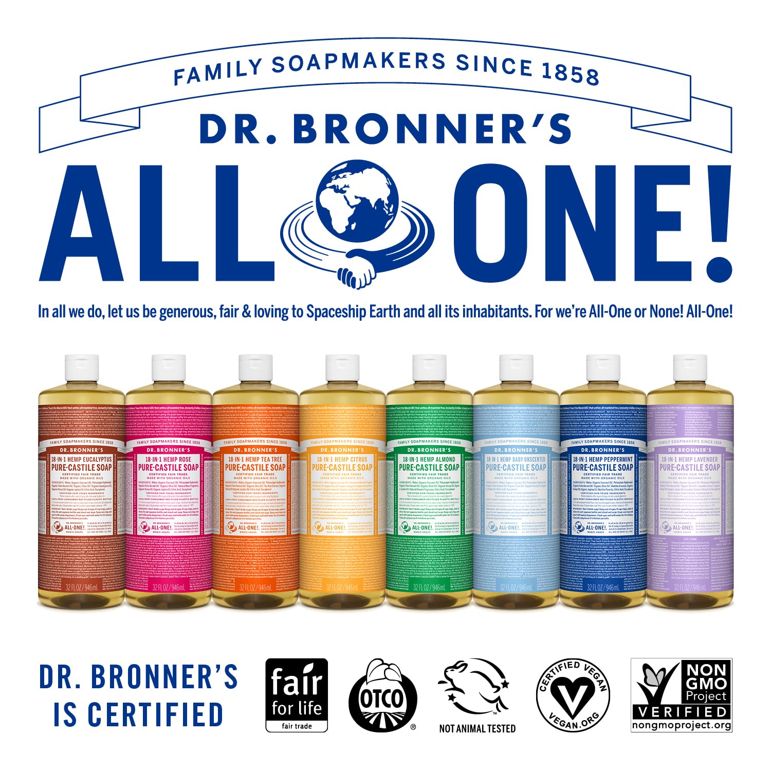 Dr. Bronner's Magic Soap-Reine Castile Flüssigseife (Zitrus, 946 ml, 2er-Pack) – Mit regenerativ-biologisch zertifizierten Ölen, 18-in-1 Anwendungen: Körper, Haare, Wäsche, Haustiere & Geschirr, Konzentriert, Vegan, GMO-frei