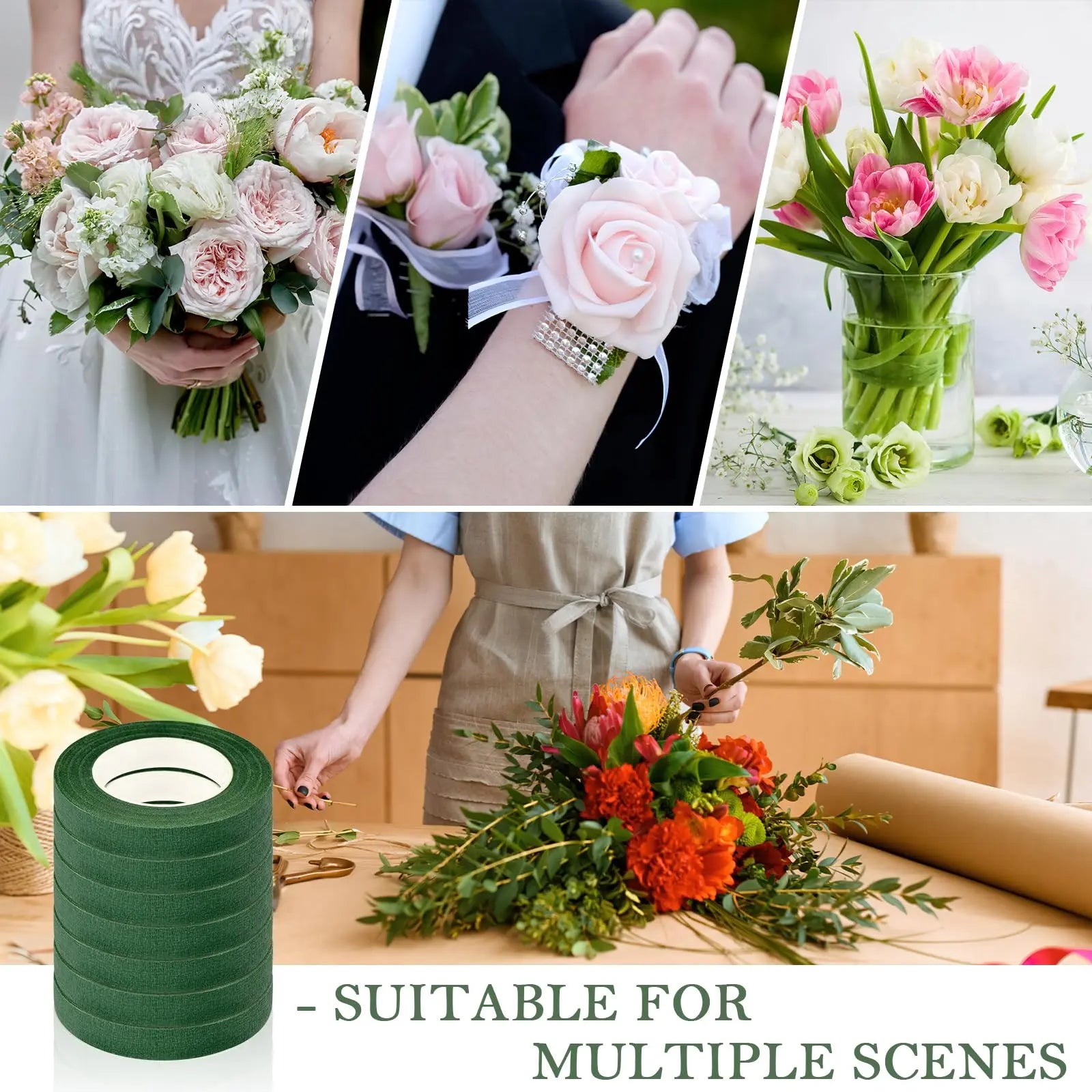 COIDEA 8 Rolls Floral Tape, 1/2" Wide Flower Tape, Dark Green Floral Tape for Fresh Flowers, Adhesive Florist Tape for Floral Crafts, Bouquet Floral Arranging Stem Wrapping, Wedding Bouquet, 30Yard