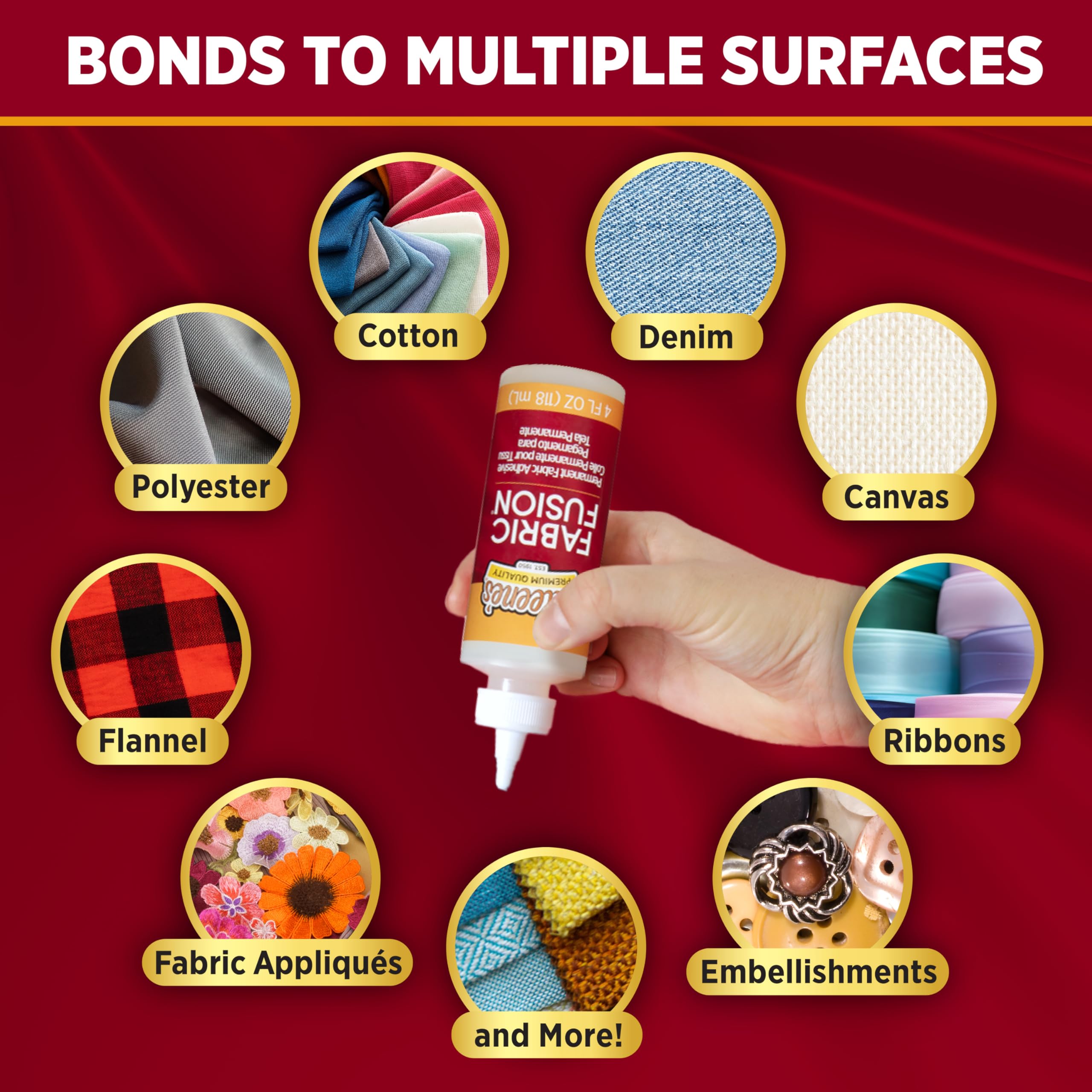 Aleene's Fabric Fusion Glue 4 oz, Permanent and Washable Adhesive, No-Sew Fabric Glue for Clothing, Denim, Polyester, Cotton, Flannel Materials, Dries Flexible