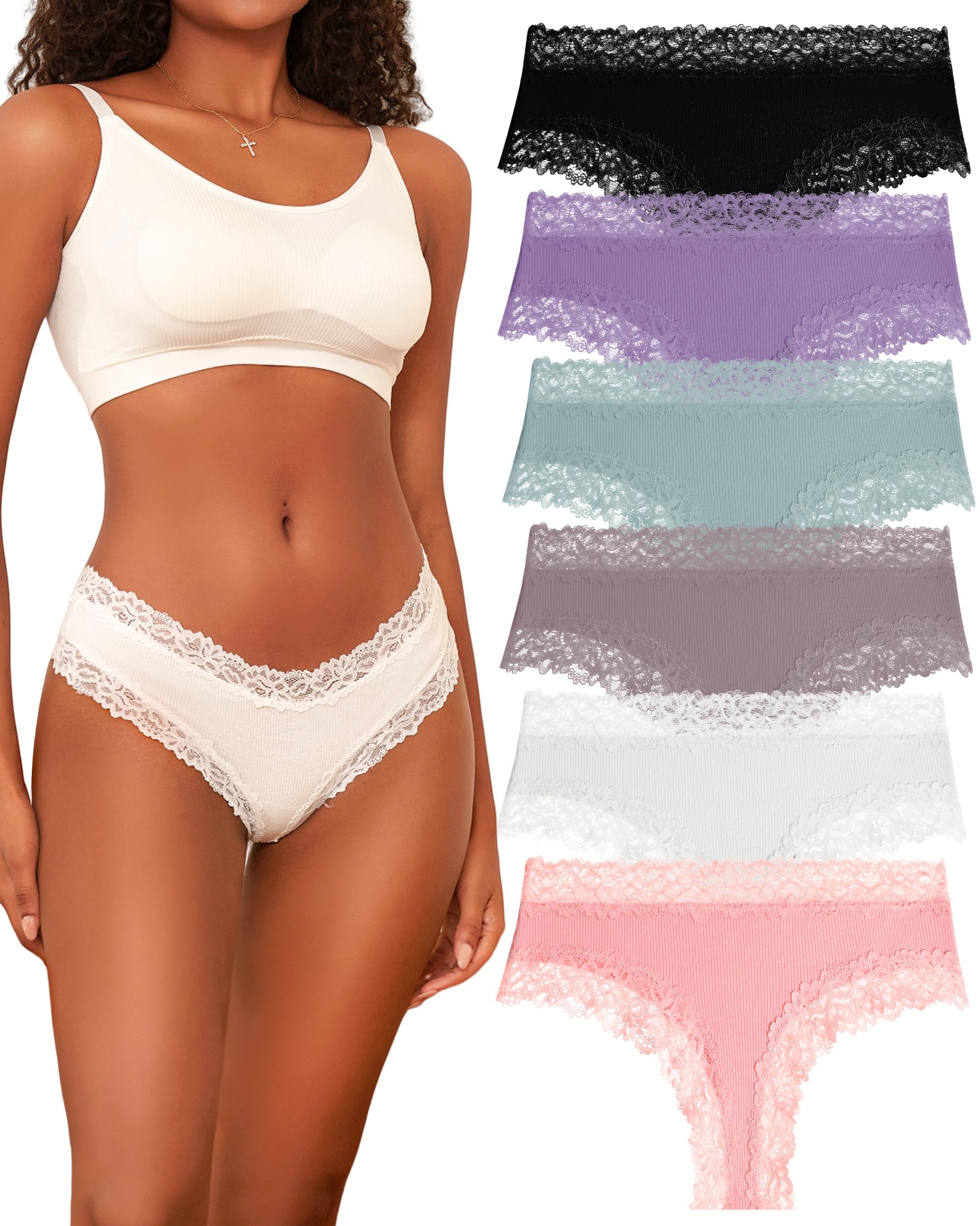 FINETOO Womens Cotton Underwear Sexy Lace Hipster Panties Soft Breathable Cotton Brazilian Bikini Ladies 6 Pack(6AM)