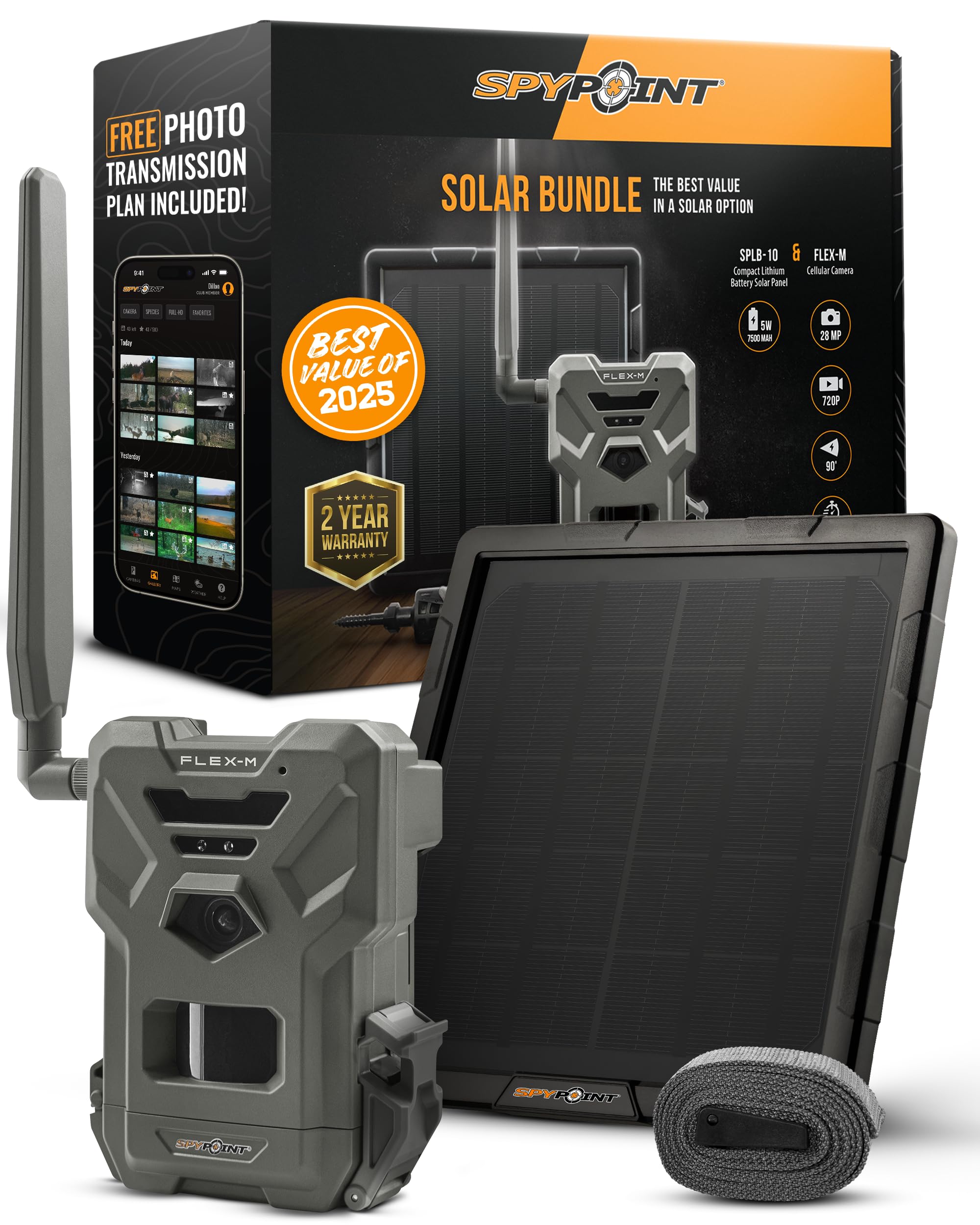 SPYPOINT Flex-M Solar Bundle – Mobilfunk-Wildkamera mit Solarpanel, Beste Jagdzubehör, Kein WLAN erforderlich, GPS, Nachtsicht, Bewegungsaktiviert, Dual-SIM LTE, IP65 Wasserdichte Wildkamera