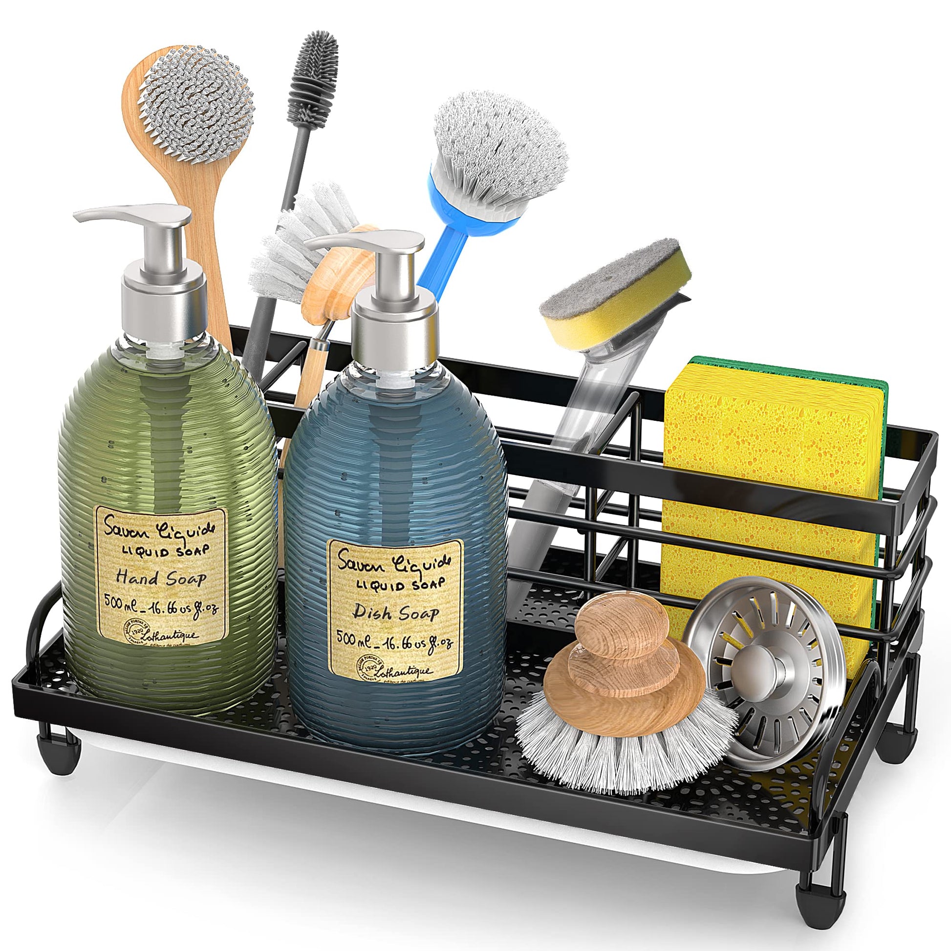 Cisily Large Kitchen Sink Caddy Organizer, Rustproof Non-Slip Soap Dish Dispenser Brush, Sponge Holder for Kitchen Sink, Kitchen Organization and Storage, Home Essentials Accessories（Black）