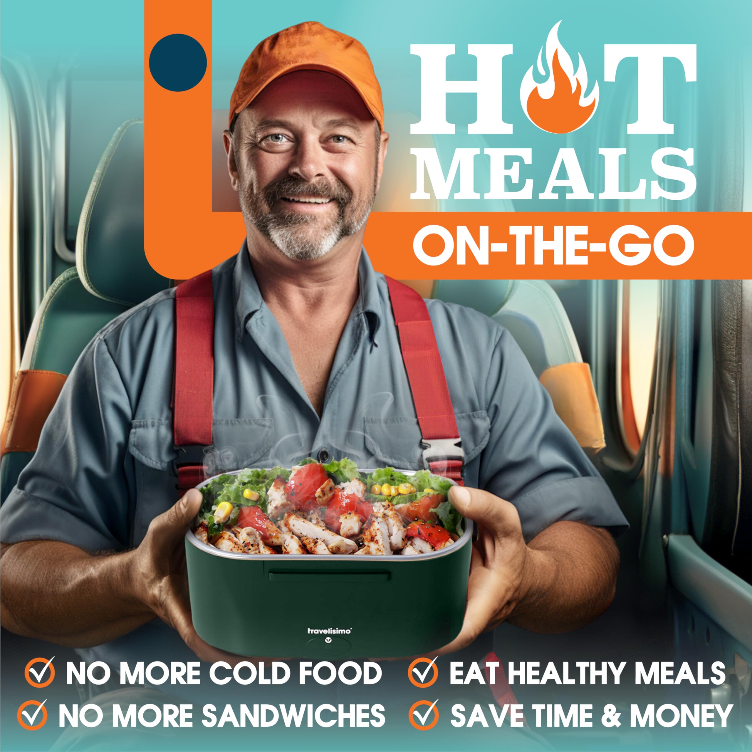 TRAVELISIMO Electric Lunch Box for Adults, 80W Heated Lunch Box 1.5L Stainless Steel Portable Food Warmer, 12/24/110V Lonchera Electrica Portatil for Travel & Work, Loncheras para Hombres de Trabajo