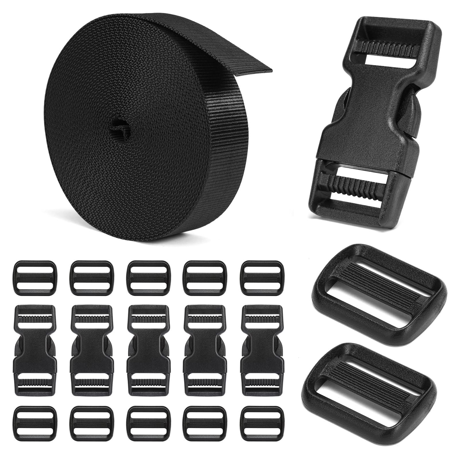 BEYOURD Buckles and Straps Set 1": 6 Yards of Thick Nylon Webbing, 6-Pack Heavy Duty Adjustable Quick Side Release Plastic Buckles, 12 Tri-Glide Slide Clips, Black (1-Inch Combo Set)