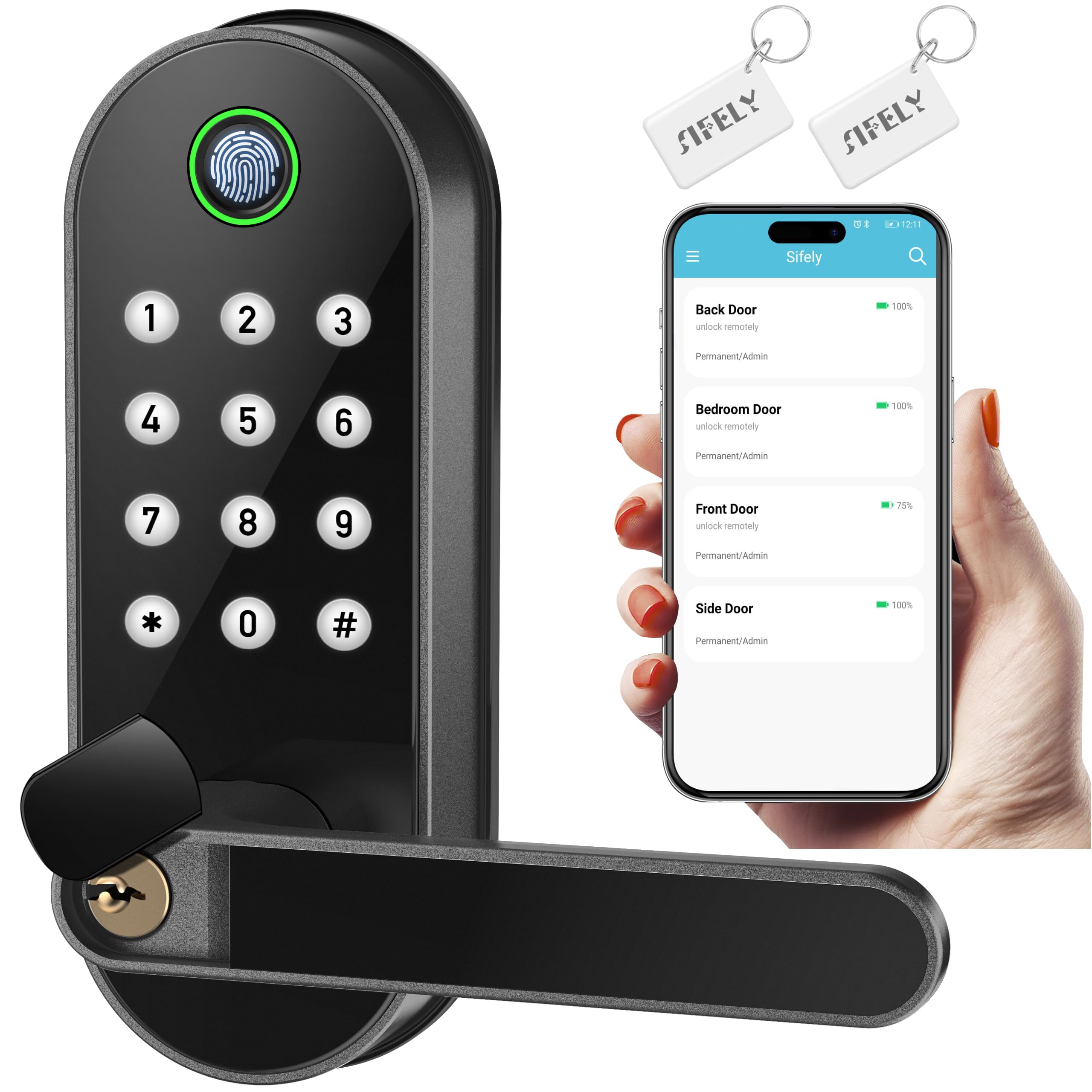 Keyless-Entry Fingerprint Smart Door Lock: Sifely Digital Electronic Lock with Code Passcode, Electric Door Knob, Biometric Door Handle Lock, Perfect for Exterior/Interior/Entry/Bedroom Doors (Black)