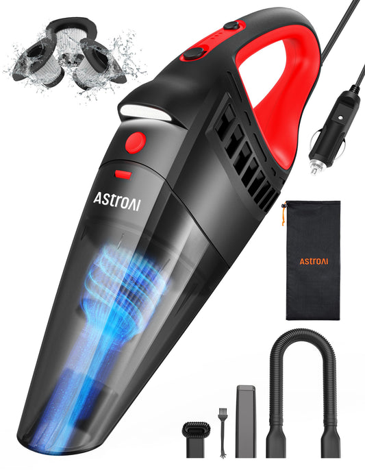 AstroAI Car Vacuum, Car Accessories, Portable Handheld Vacuum Cleaner with 12V DC Power,16.4 Ft Cigarette Lighter Cord,LED Light,Car Cleaning Kit with 3 Filters for Quick Cleaning(Red)