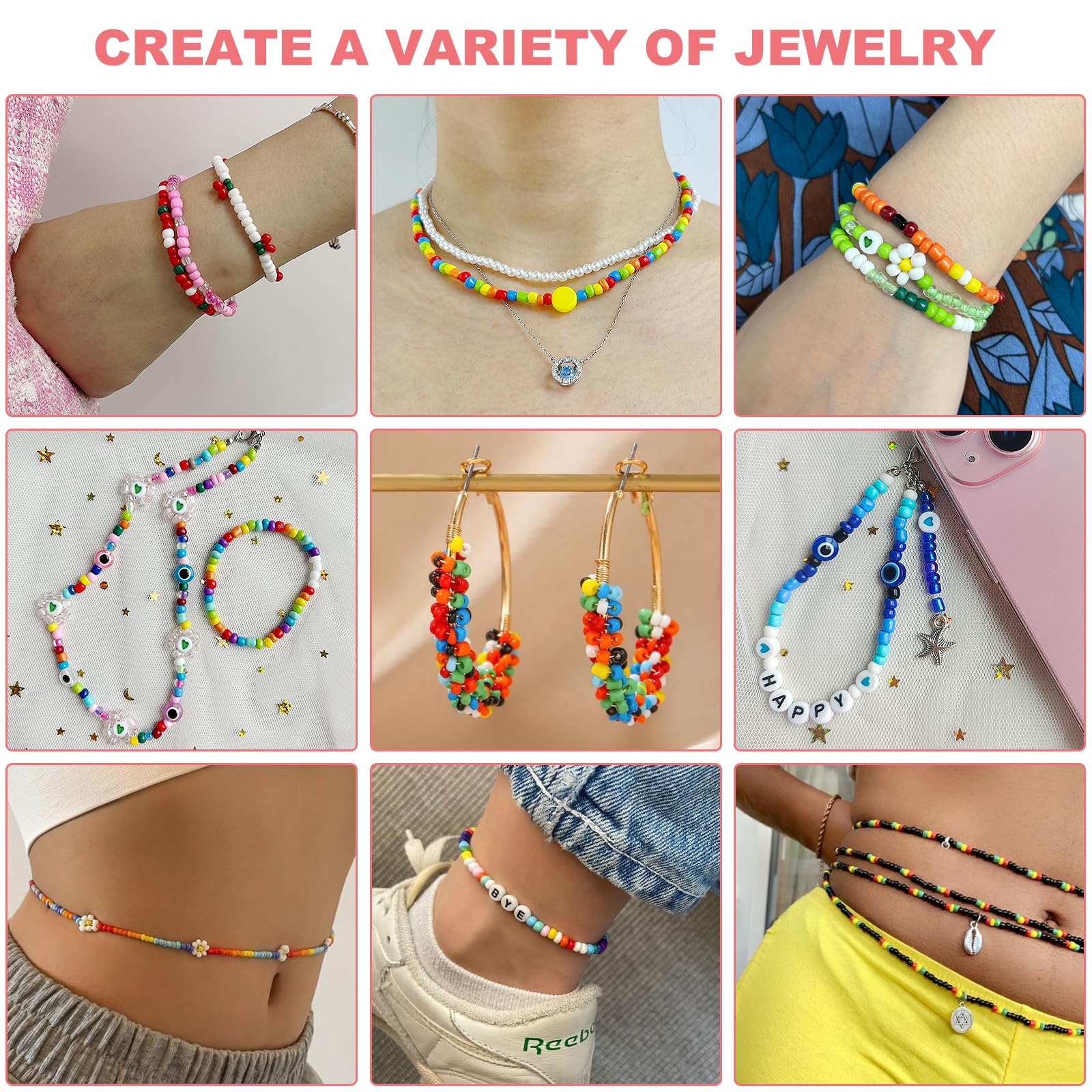 Redtwo 4mm Glass Seed Beads for Jewelry Bracelet Making Kit, Small Beads Friendship Bracelet Kit, Tiny Waist Beads with Letter Beads and Elastic String, DIY Art Craft Girls Gifts.