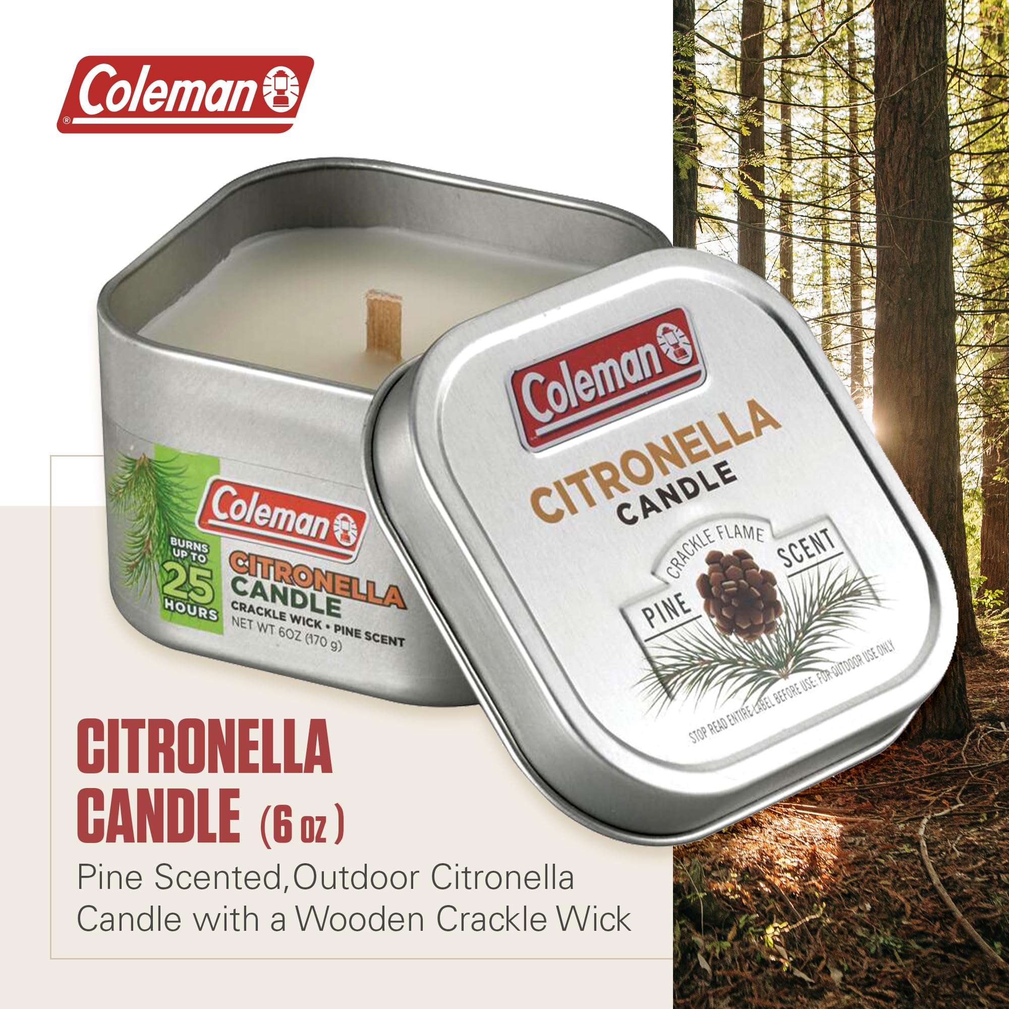 Coleman Pine Scented Citronella Candle with Wooden Crackle Wick - 6 oz Tin