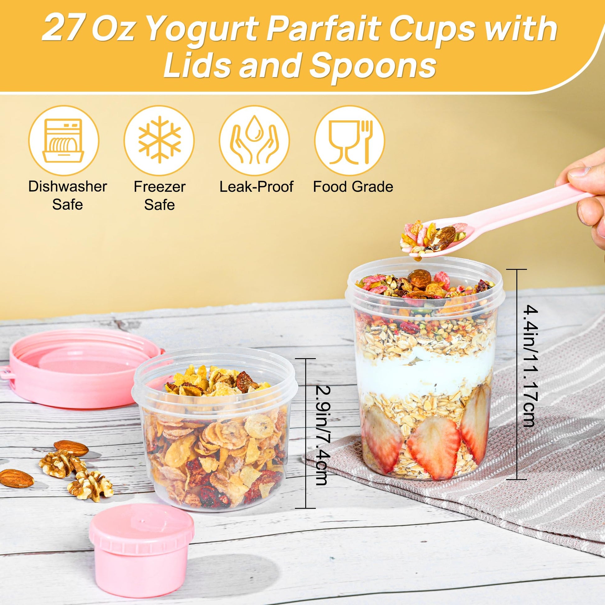 Vtopmart 4 Pack 27oz Yogurt Parfait Cups with Lids and Spoons, Overnight Oats Containers, Reusable Topping Compartment for Breakfast with Yogurt, Cereal or Oatmeal On-the-Go