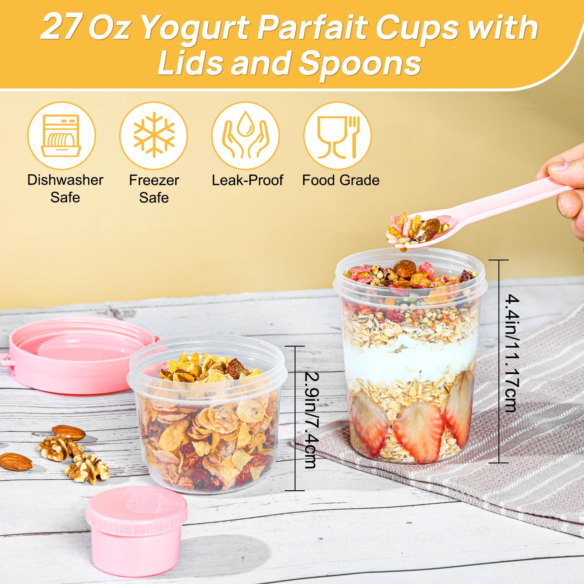 Vtopmart 4 Pack 27oz Yogurt Parfait Cups with Lids and Spoons, Overnight Oats Containers, Reusable Topping Compartment for Breakfast with Yogurt, Cereal or Oatmeal On-the-Go