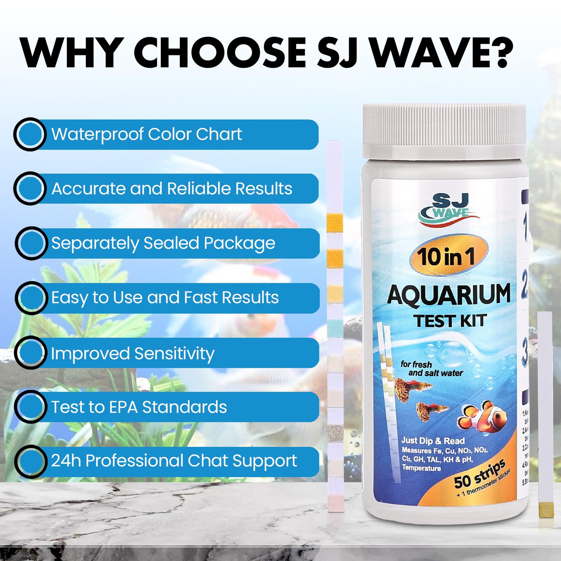 11 in 1 - Aquarium Test Strips | 950 Tests - 150 Strips | Fish Tank Aquariums Water Test Kit & ebook | Aquarium Thermometer | Fish Tank Water Testing Kit Includes 50 Ammonia Strips | Versatile Usage