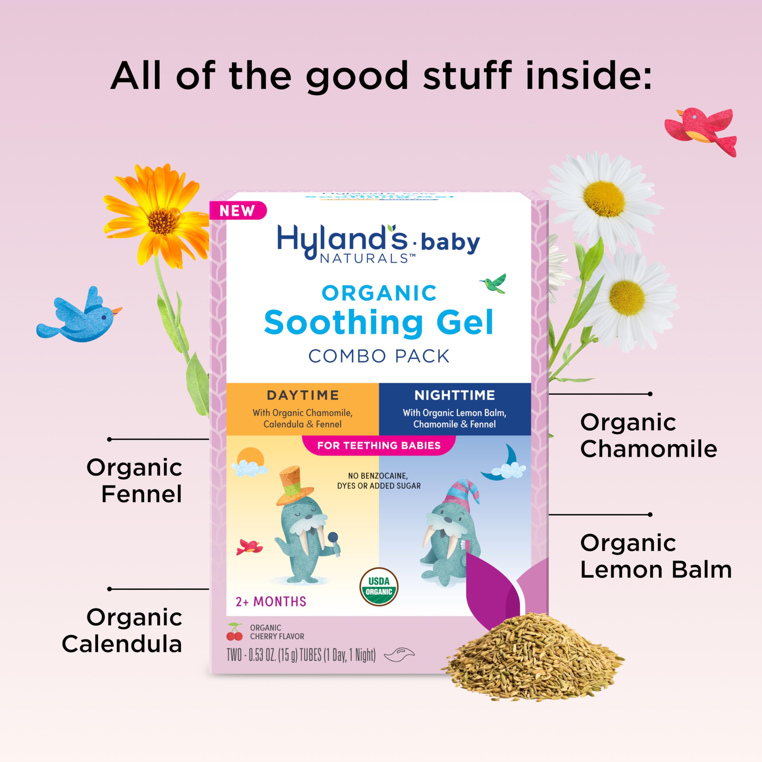 Hyland's Baby - Organic Day/Night Soothing Gel Combo Pack, Cooling Gel for Oral Discomfort, Easy-to-Apply, Ages 2 Months & Up, 1.06 Ounce (2 Tubes of 0.53 oz.)