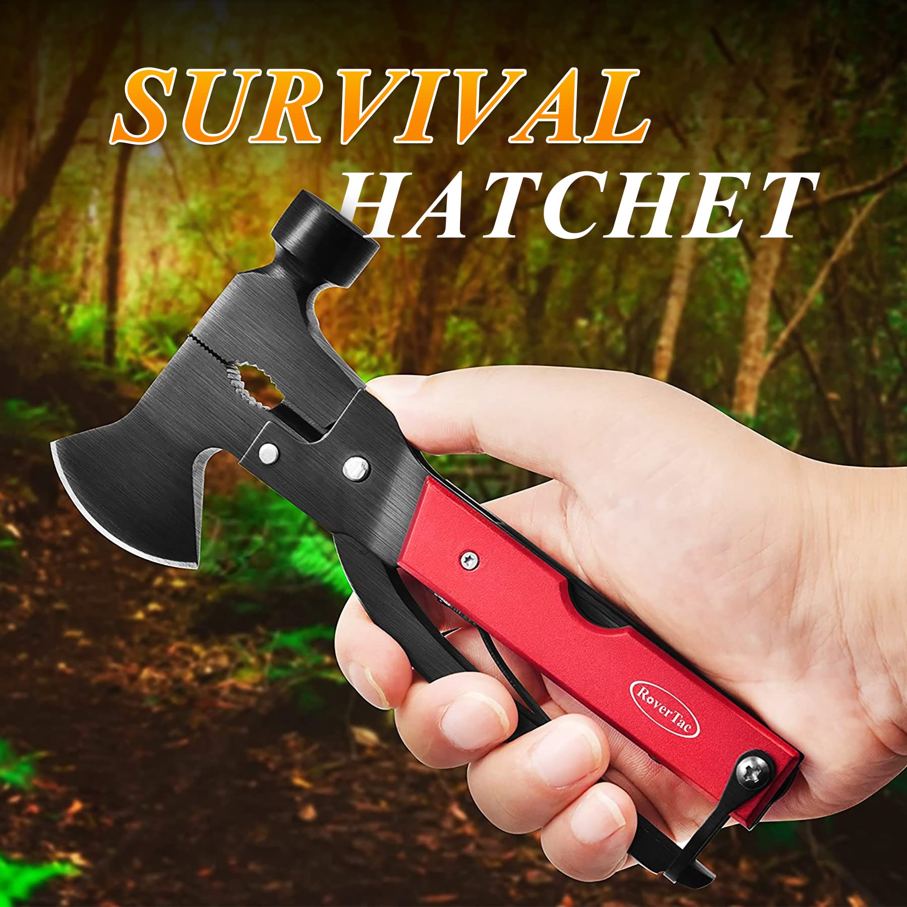 RoverTac Camping Essentials, Multi Tool Axe Hatchet Camping Gear, 14-in-1 Multitool Knife Hammer Pliers Saw Bottle Can Opener Screwdriver, Multitool for Camping Hiking Survival, Gifts for Men Him Dad