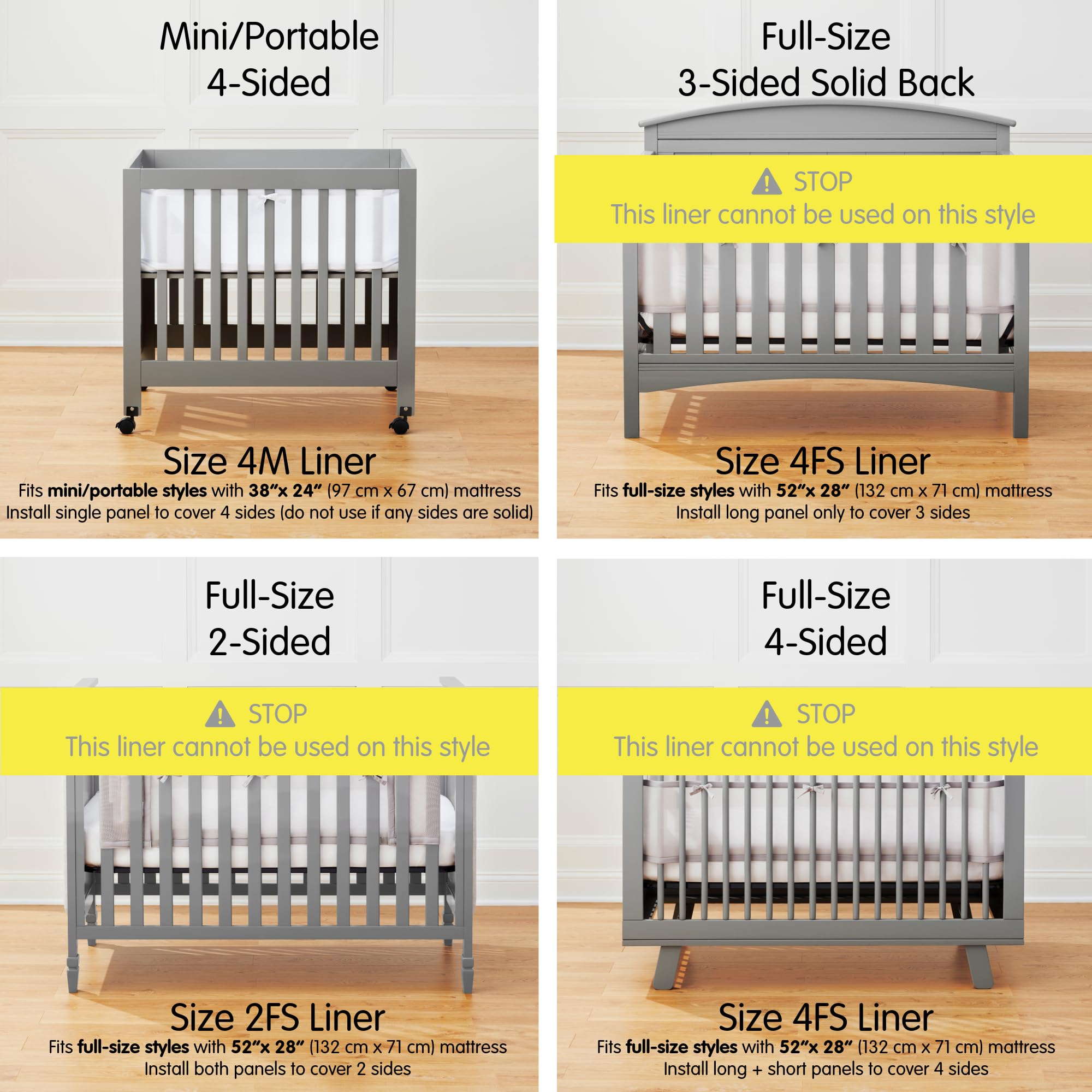 Mini Crib Breathable Mesh Liner by BreathableBaby, Classic 3mm Mesh, White, Size 4M Covers 4 Sides FITS MINI CRIBS WITH 38x24” MATTRESS ONLY