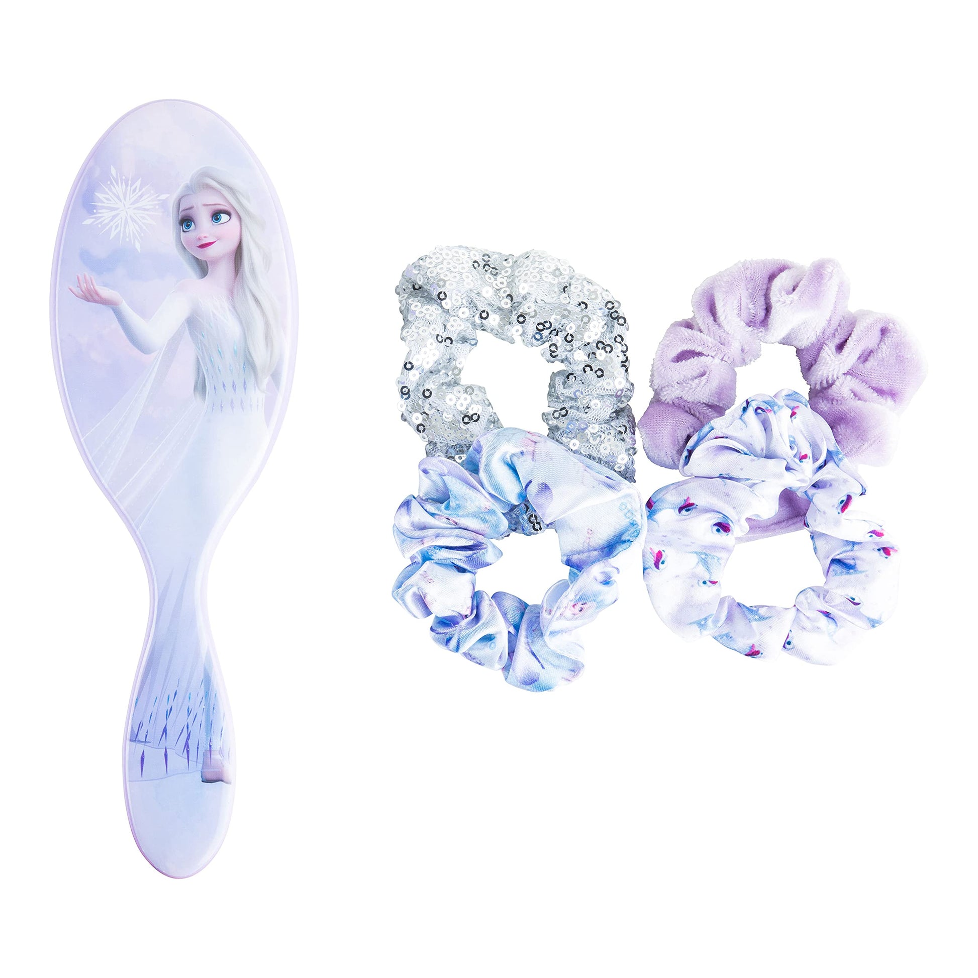 Frozen Princess Elsa Hair Accessory 5 Pcs Set - 1 Regular 9 inch Frozen Hairbrush & 4 Frozen Scrunchies - Detangling Brush & Elastic Hair Ties Ropes for Girls, Ages 3+