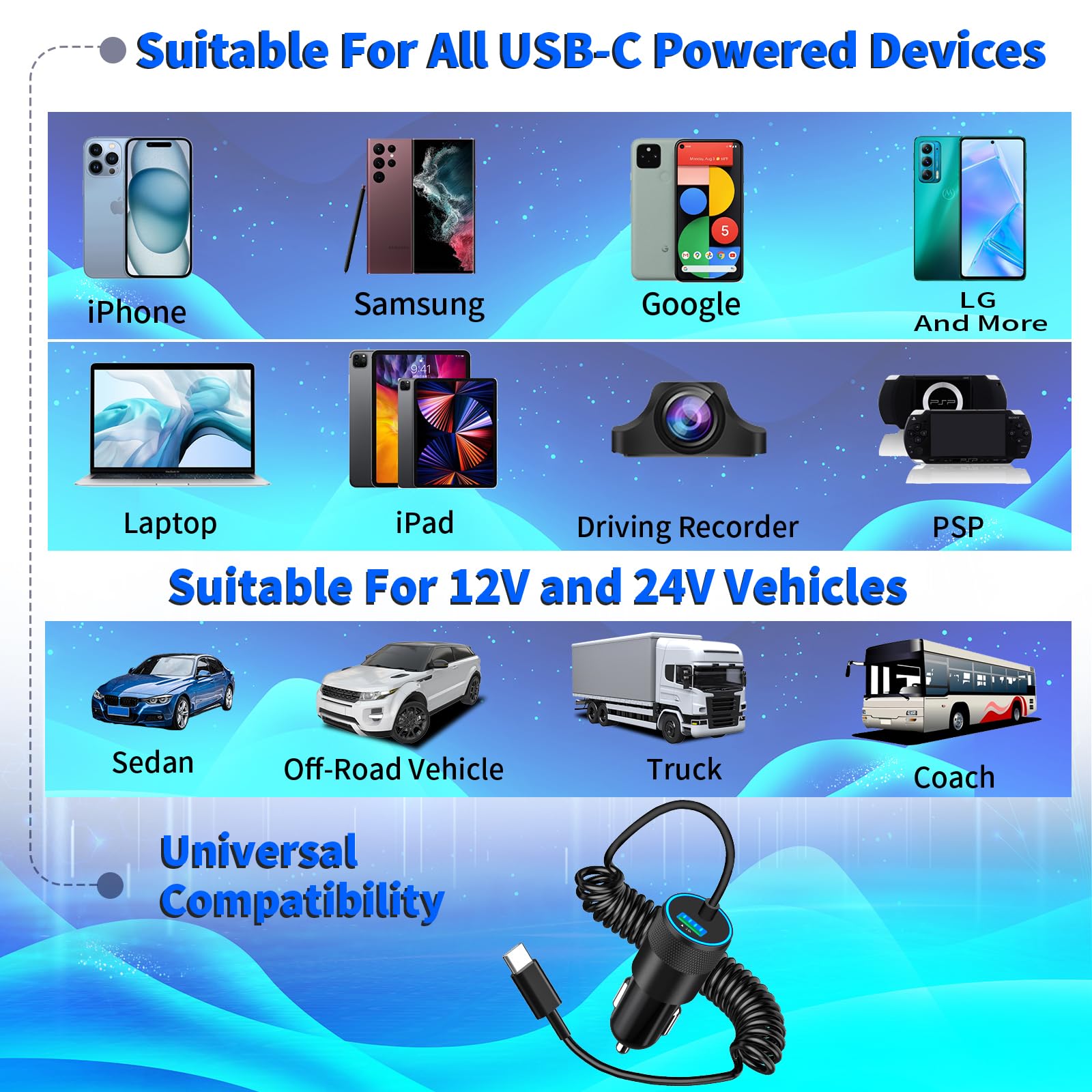 【MFi Certified】iPhone 17 Car Charger Fast Charging, Braveridge 75W USB C PD&QC Car Power Cigarette Lighter USB Charger with 6FT Type C Coiled Cable for iPhone 17/17 Pro Max/16/15/Galaxy S25/S24/Pixel