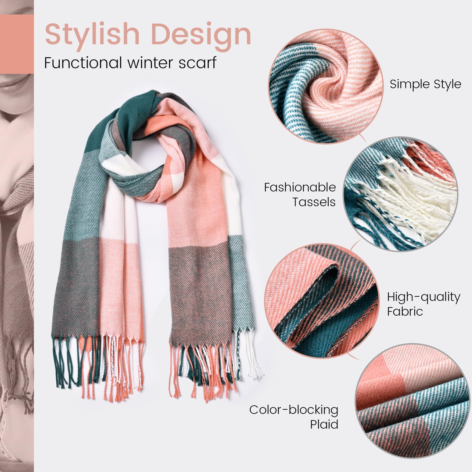 Clothirily Womens Winter Scarf - Fashion Plaid Scarf for Women Lightweight, Cashmere Feel Warm Soft Women Scarves, Long Blanket Scarf Shawl gifts for women, Pink Green Lattice