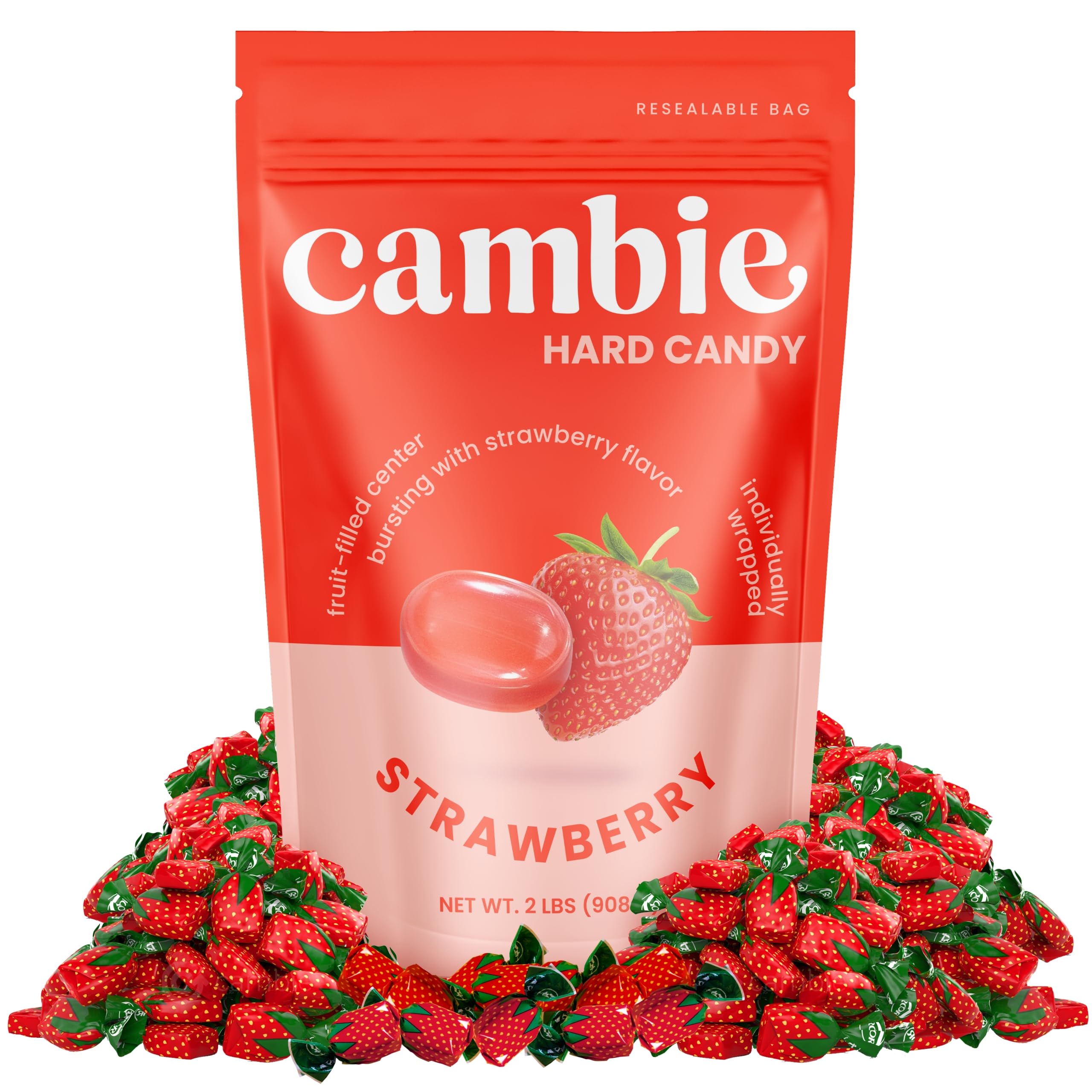 Strawberry Hard Candy Individually Wrapped – Cambie Bulk Candy with Fruit-Filled Center, 2 lbs Bon Bons for Piñata Filler, Candy Bags, Party Favors