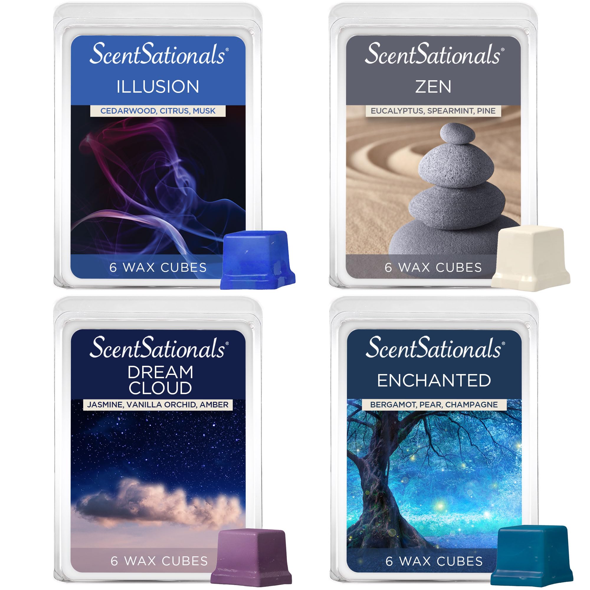 Scentsationals Wax Melts Moodscapes - Tranquility 4-Pack - Long Lasting Wax Cubes with Strong Scent for Warmers - Includes Zen, Illusion, Enchanted & Dream Cloud - 10oz (24-Cubes)