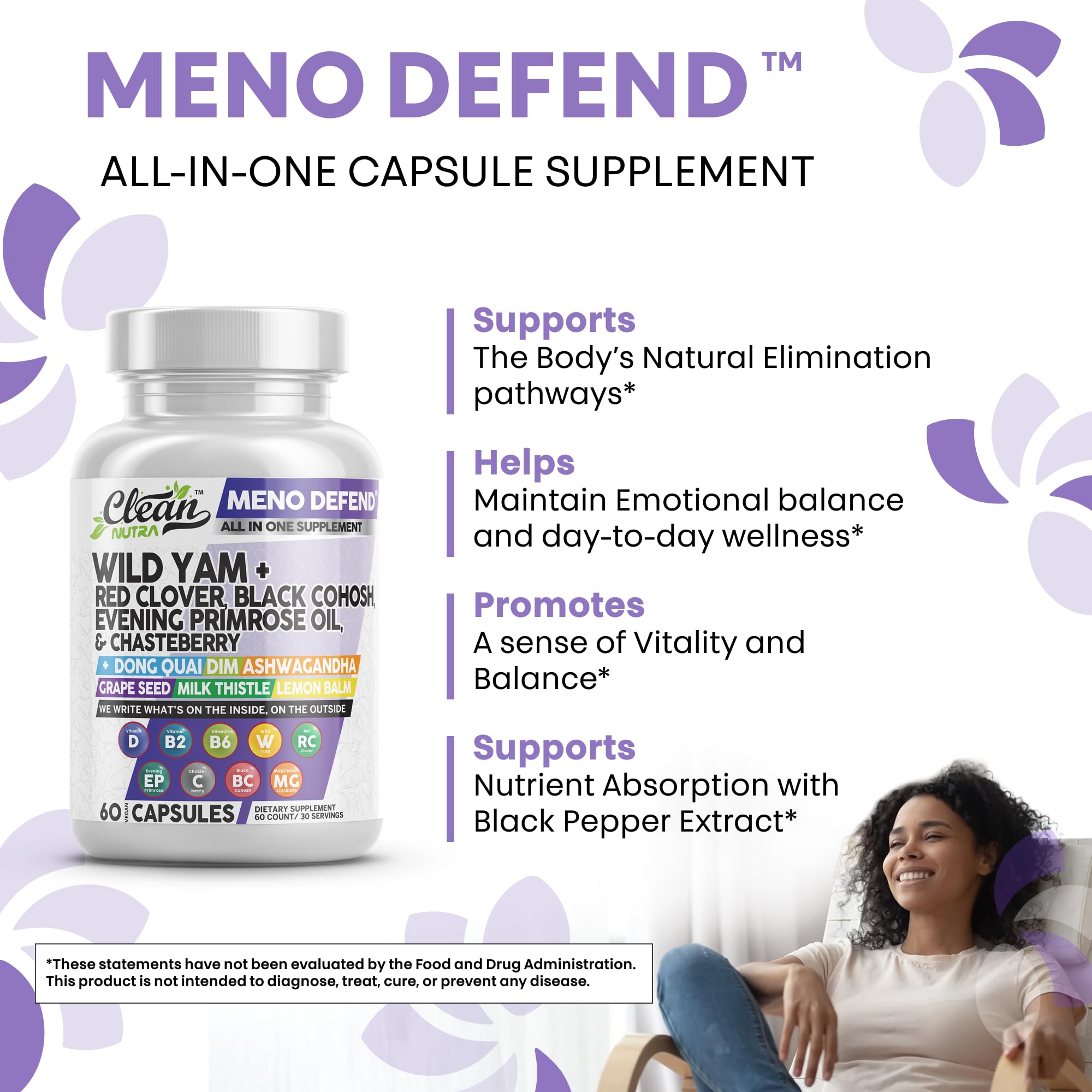 Clean Nutra Wild Yam Root Capsules with Red Clover Black Cohosh Evening Primrose Oil Chasteberry Dong Quai DIM Ashwagandha Grape Seed Extract Milk Thistle Lemon Balm and more Hormone Balance For Women