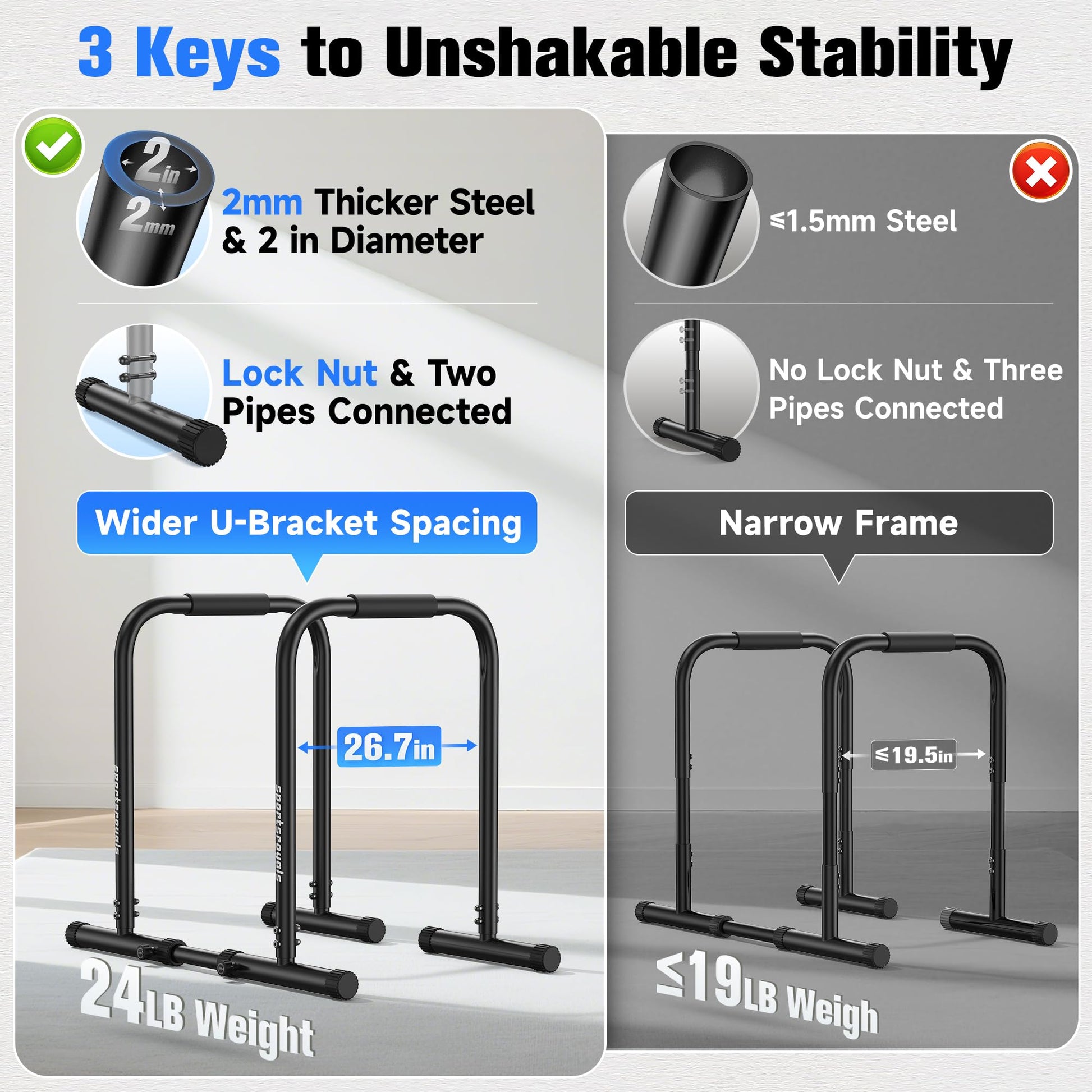 Sportsroyals Adjustable Dip Bar Station, Heavy Duty Parallette & Parallel Bars, 400LBS Stable Dip Stands for Home Gym, Calisthenics & Upper Body Workout Equipment