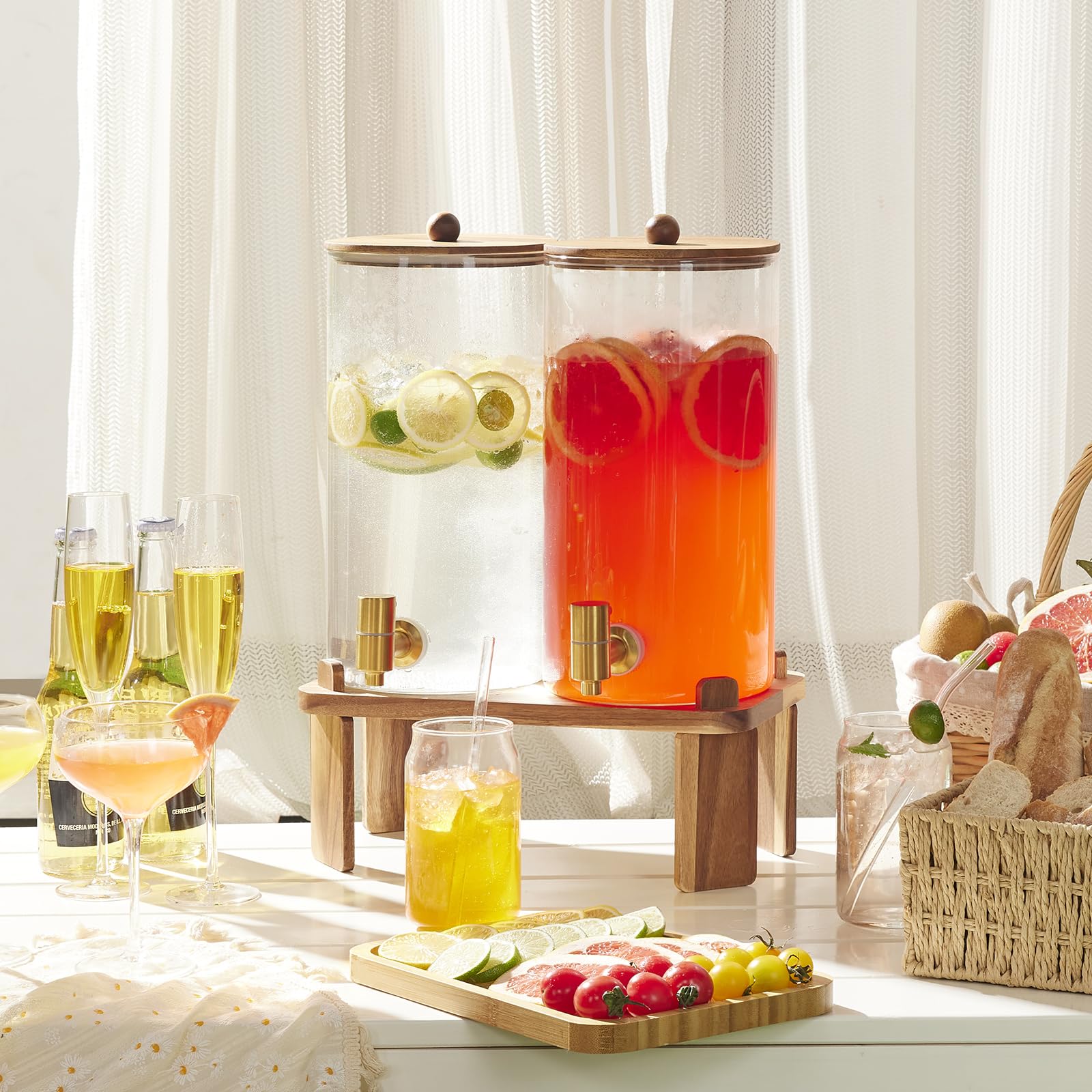 2 PCS 1.5 Gallon Drink dispenser, Glass Beverage Dispenser With Wood Stand, Large Water Drink Dispensers for Parties With Stainless Steel Spigot, Ideal for Lemonade,Juice, Tea, and Party Drinks